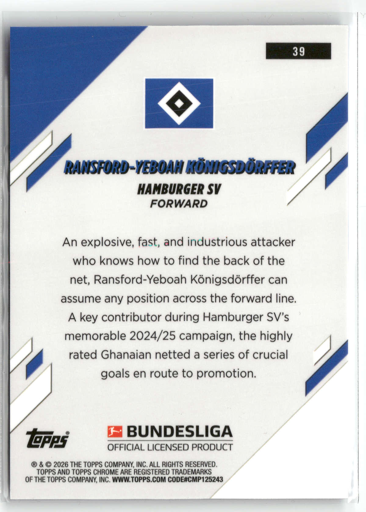 Fußball Ransford-Yeboah Königsdörffer - 2025-26 Topps Chrome Bundesliga - Blue Lava /150 - Hamburger SV #39 Trading Card Original
