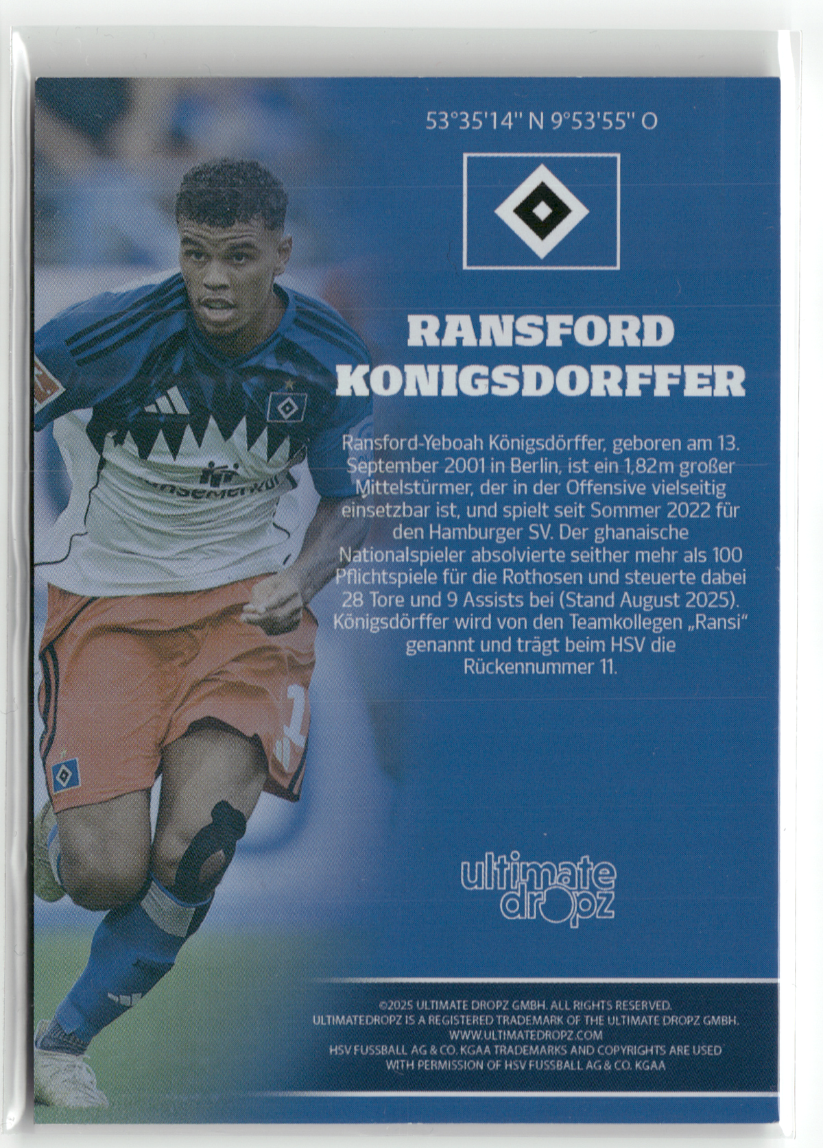 Fußball Ransford Konigsdorffer - 2025 Ultimate Dropz HSV - On-Card Auto /70 - Hamburger SV Trading Card Original