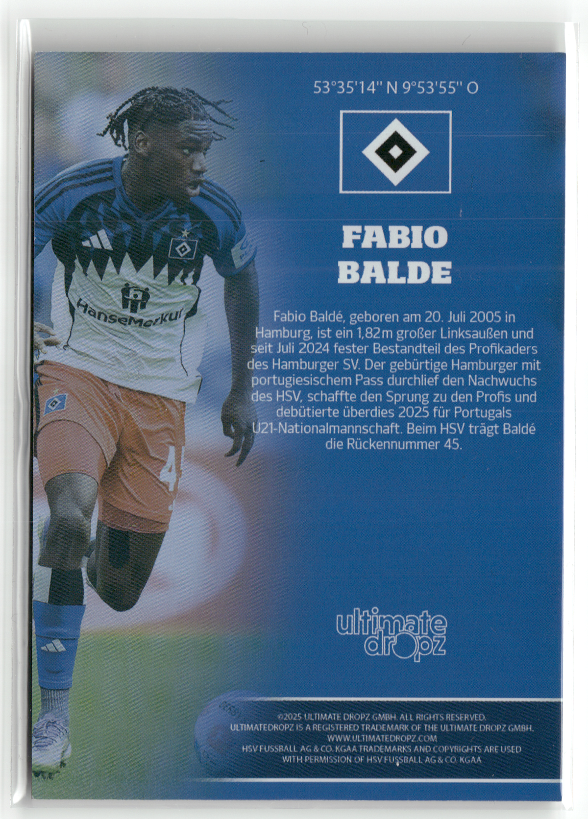 Fußball Fabio Balde - 2025 Ultimate Dropz - On-Card Auto /35 - Hamburger SV Trading Card Original