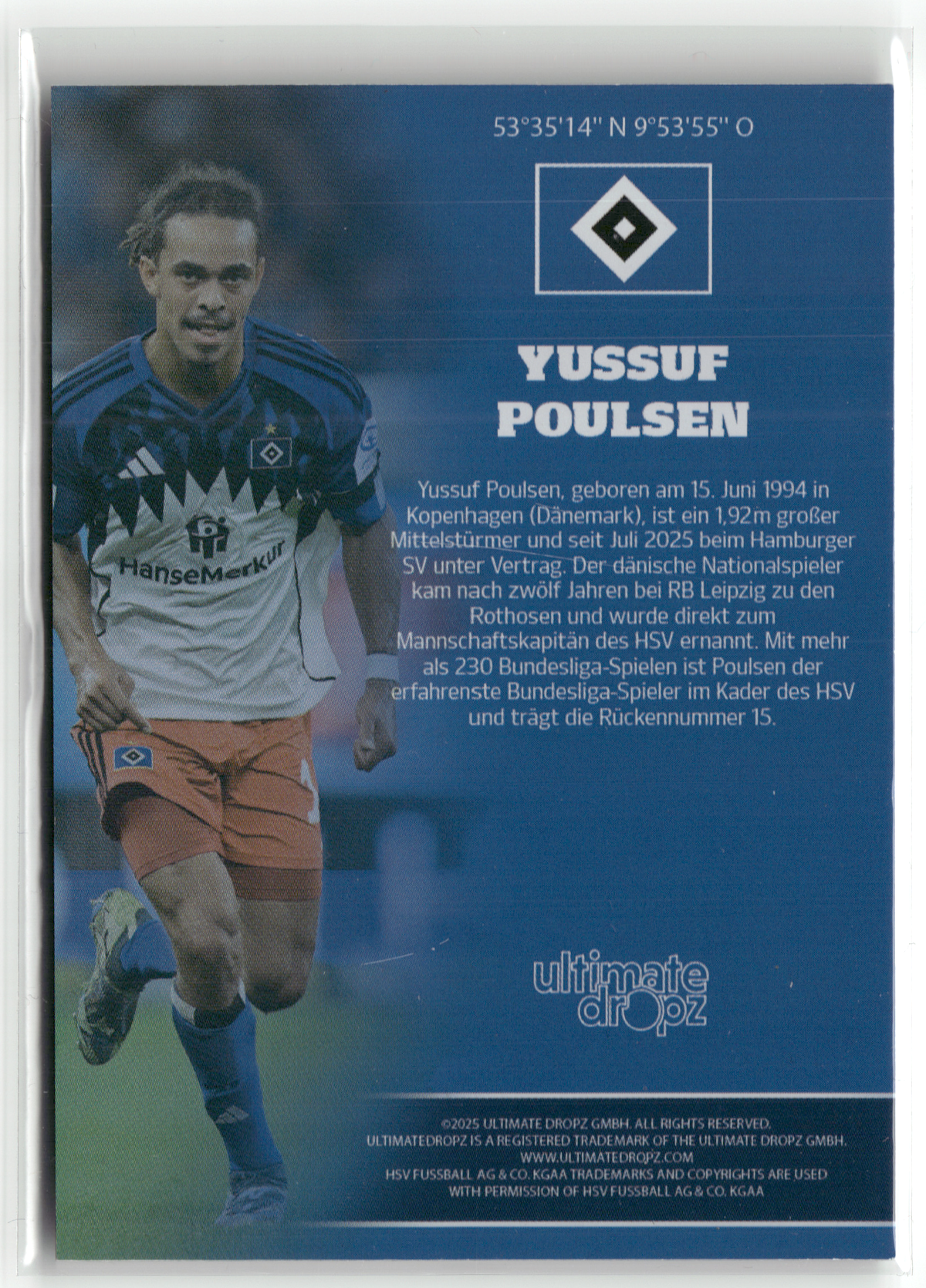 Fußball Yussuf Poulsen - 2025 Ultimate Dropz HSV - On Card Auto 47/70 - Hamburger SV Trading Card Original