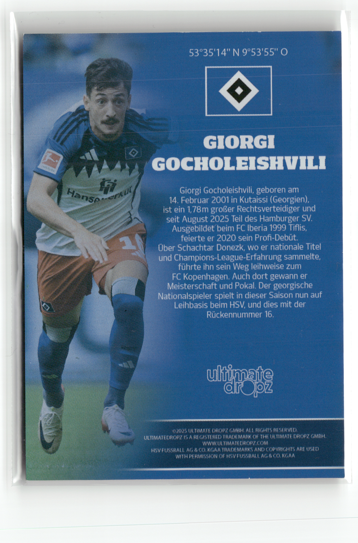 Fußball Giorgi Gocholeishvili - 2025 Ultimate Dropz Hamburger SV - Orange On-Card Auto 07/14 - Hamburger SV Trading Card Original