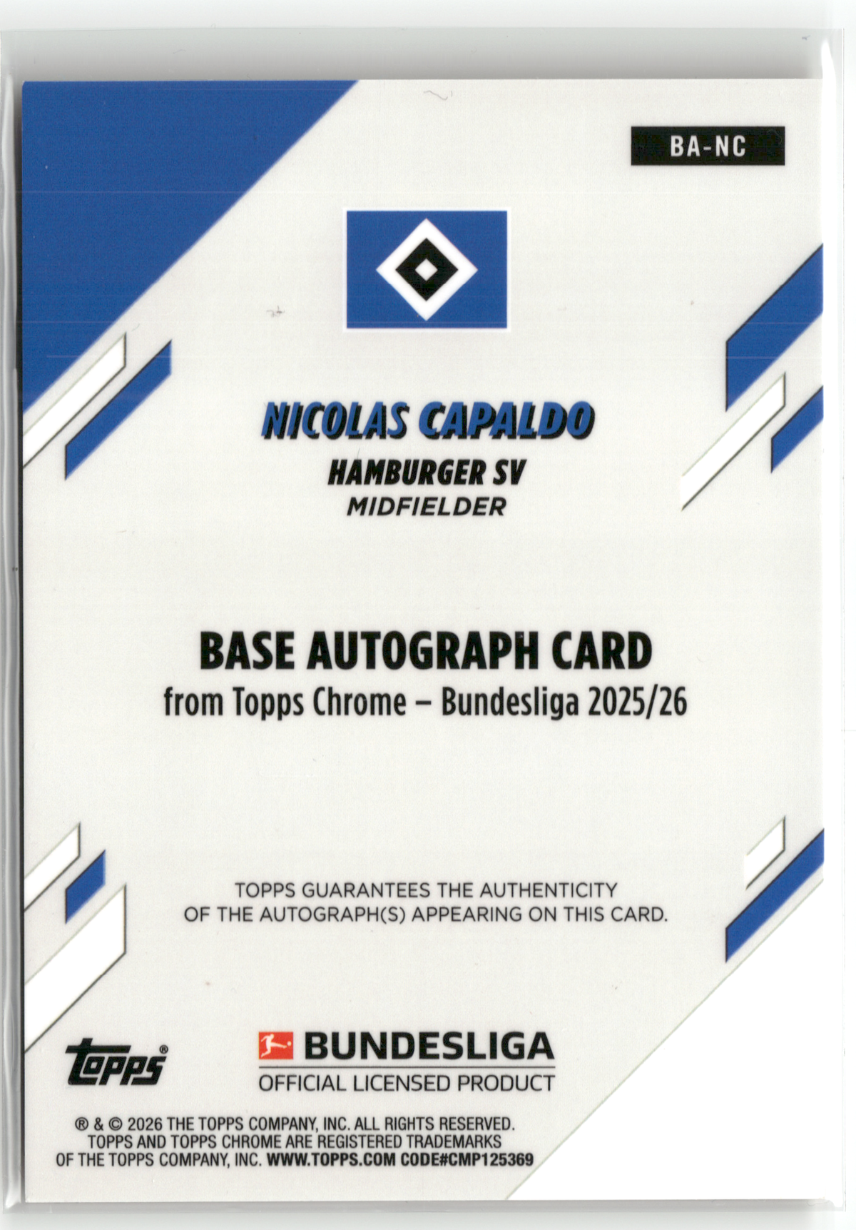 Fußball Nicolas Capaldo - 2025-26 Topps Chrome Bundesliga - Gold-Wave Auto /50 - Hamburger SV #BA-NC Trading Card Original