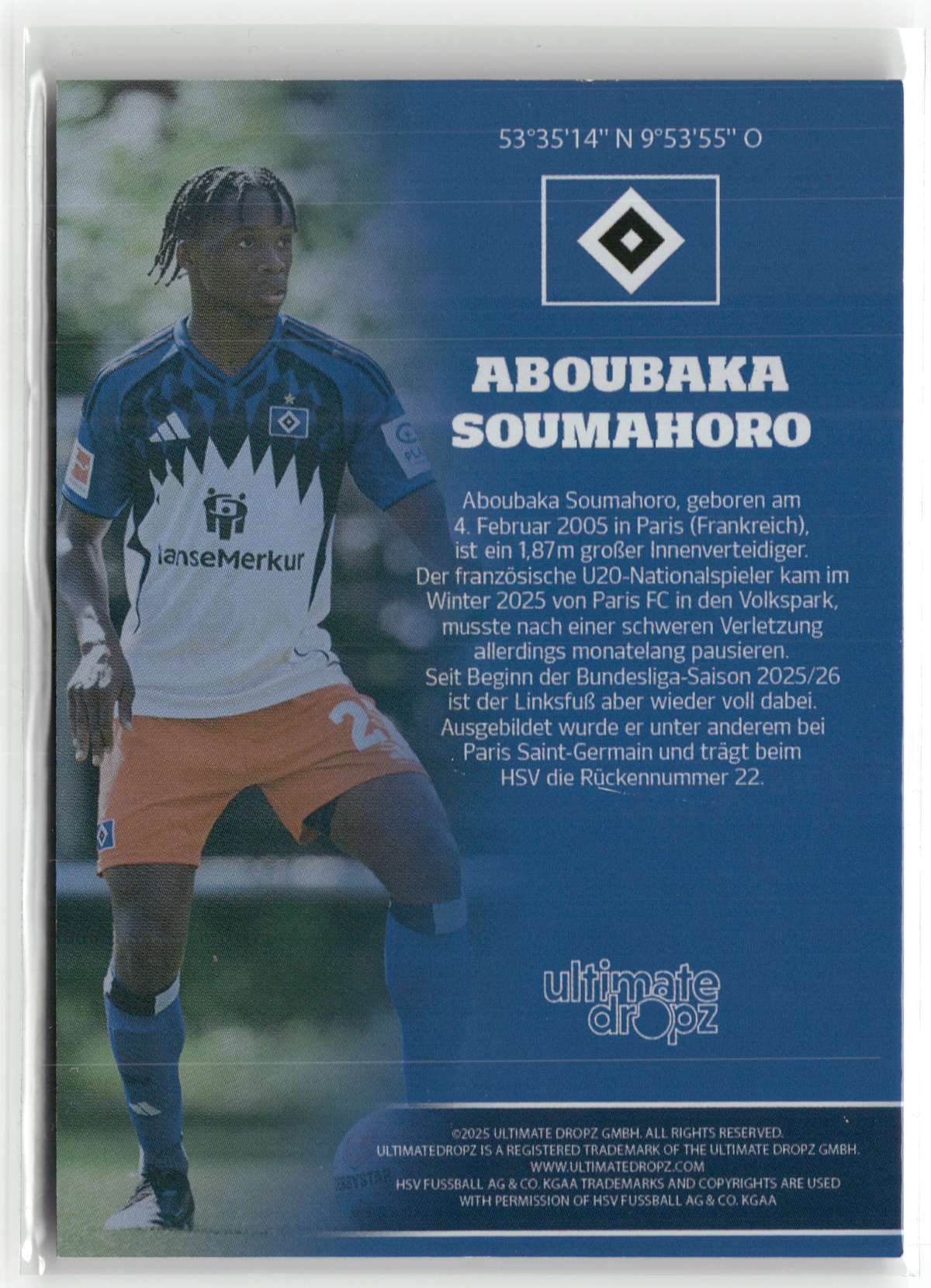 Fußball Aboubaka Soumahoro - 2025 Ultimate Dropz HSV - On-Card Auto /70 - Hamburger SV Trading Card Original