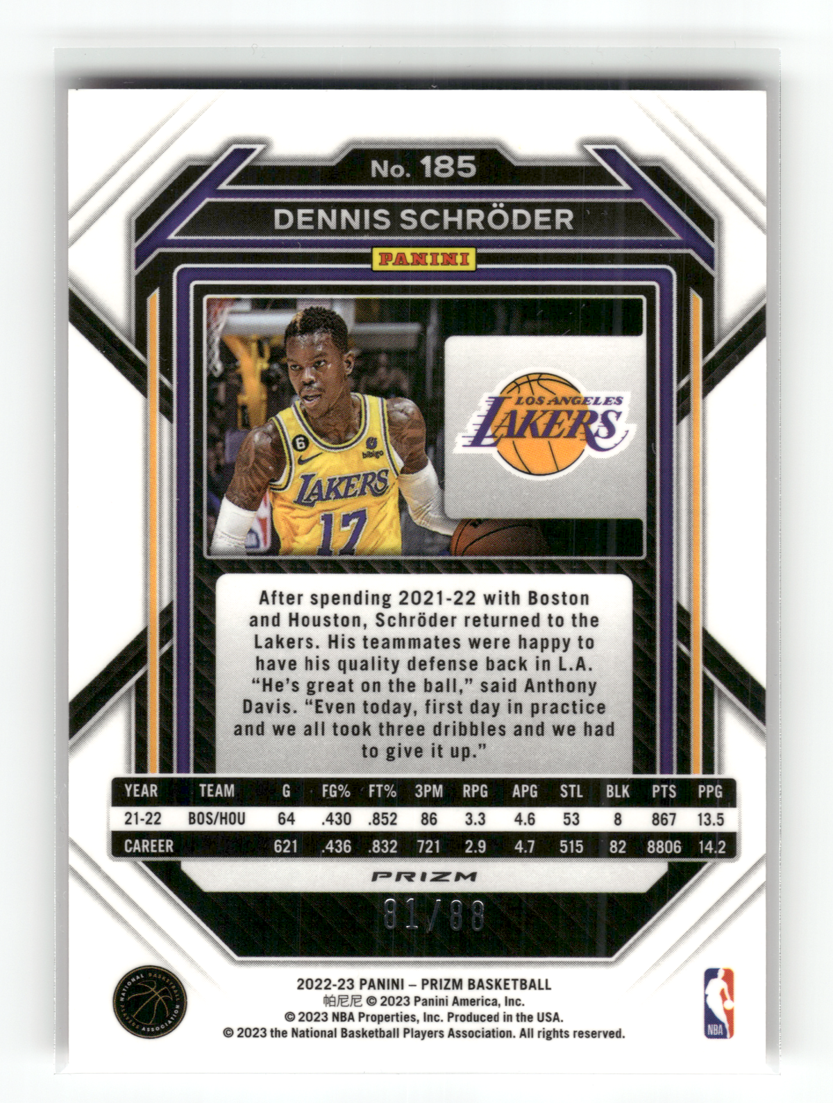 Basketball NBA Dennis Schröder - 2022-23 Panini Prizm Basketball - Red Choice /88 - Los Angeles Lakers #185 Trading Card Original