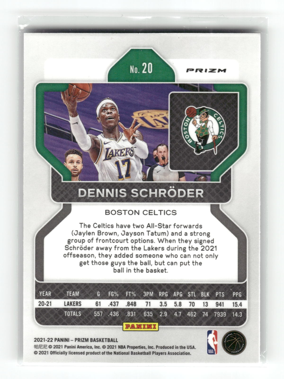 Basketball NBA Dennis Schröder - 2021-22 Panini Prizm Basketball - Fast break Prizm - Boston Celtics #20 Trading Card Original