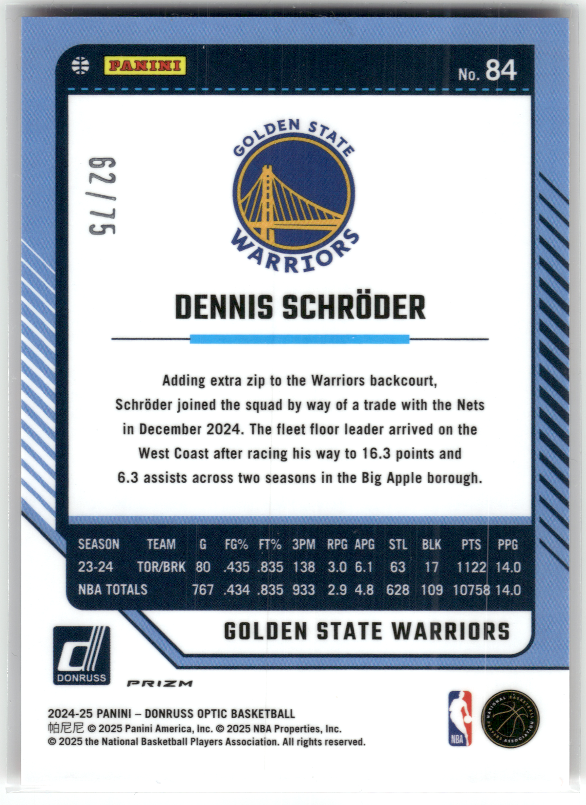 Basketball NBA Dennis Schröder - 2024-25 Panini Donruss Optic Basketball - Red Fast Break Prizm /75 - Golden State Warriors #84 Trading Card Original