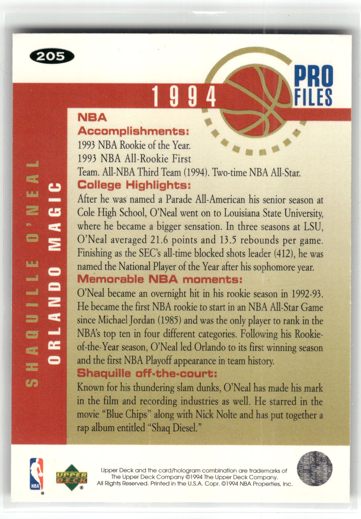 Basketball NBA Shaquille O'Neal - 1994 Upper Deck Collector's Choice - Pro Files - Orlando Magic #205 Trading Card Original