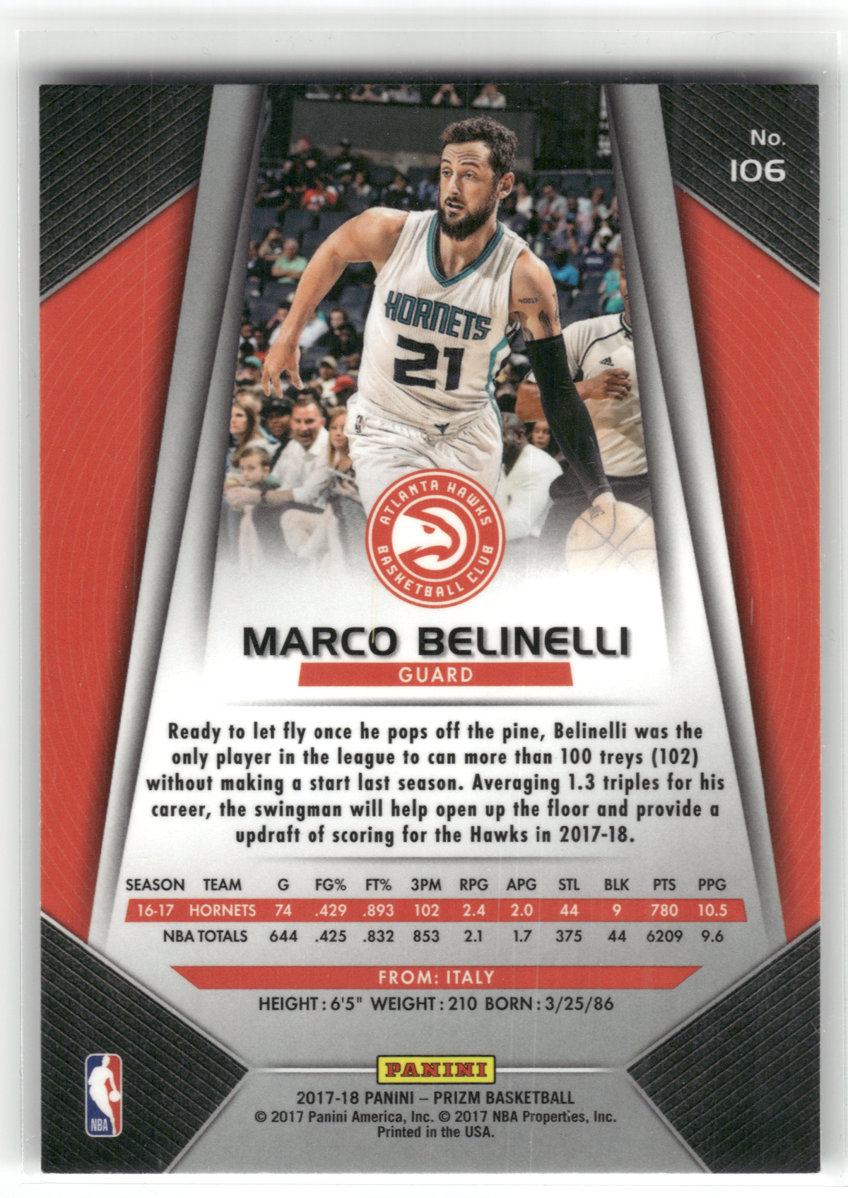 Basketball NBA Marco Belinelli - 2017-18 Panini Prizm Basketball - In-Person On Card Auto - Atlanta Hawks #106 Trading Card Original