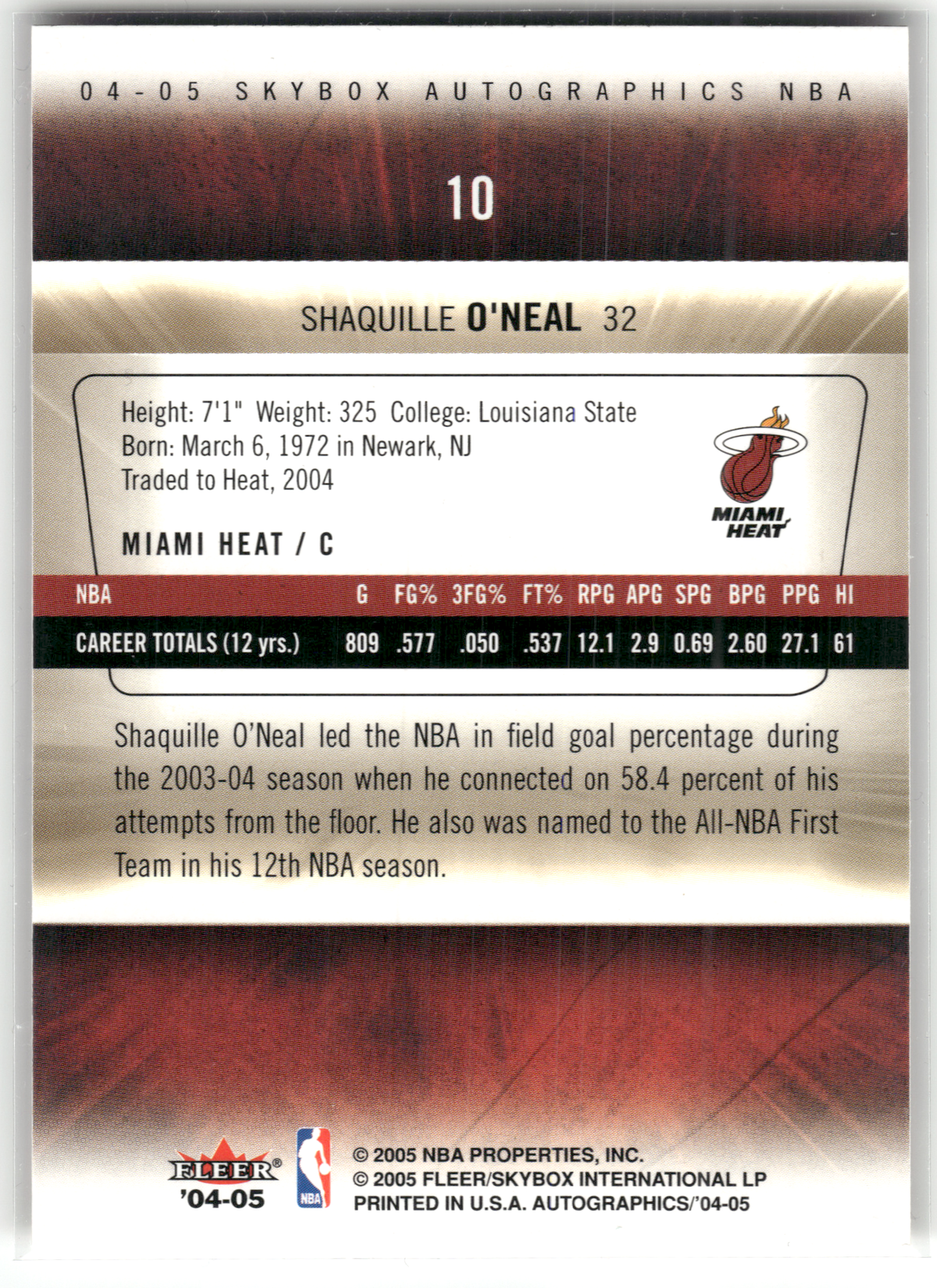 Basketball NBA Shaquille O'Neal - 2004-05 Skybox Autographics NBA - Printed Facsimile Auto - Miami Heat #10 Trading Card Original