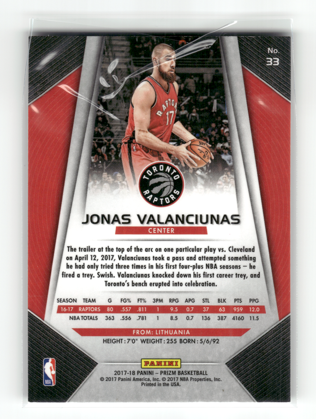 Basketball NBA Jonas Valanciunas - 2017-18 Panini Prizm Basketball - In-Person On-Card Auto - Toronto Raptors #33 Trading Card Original
