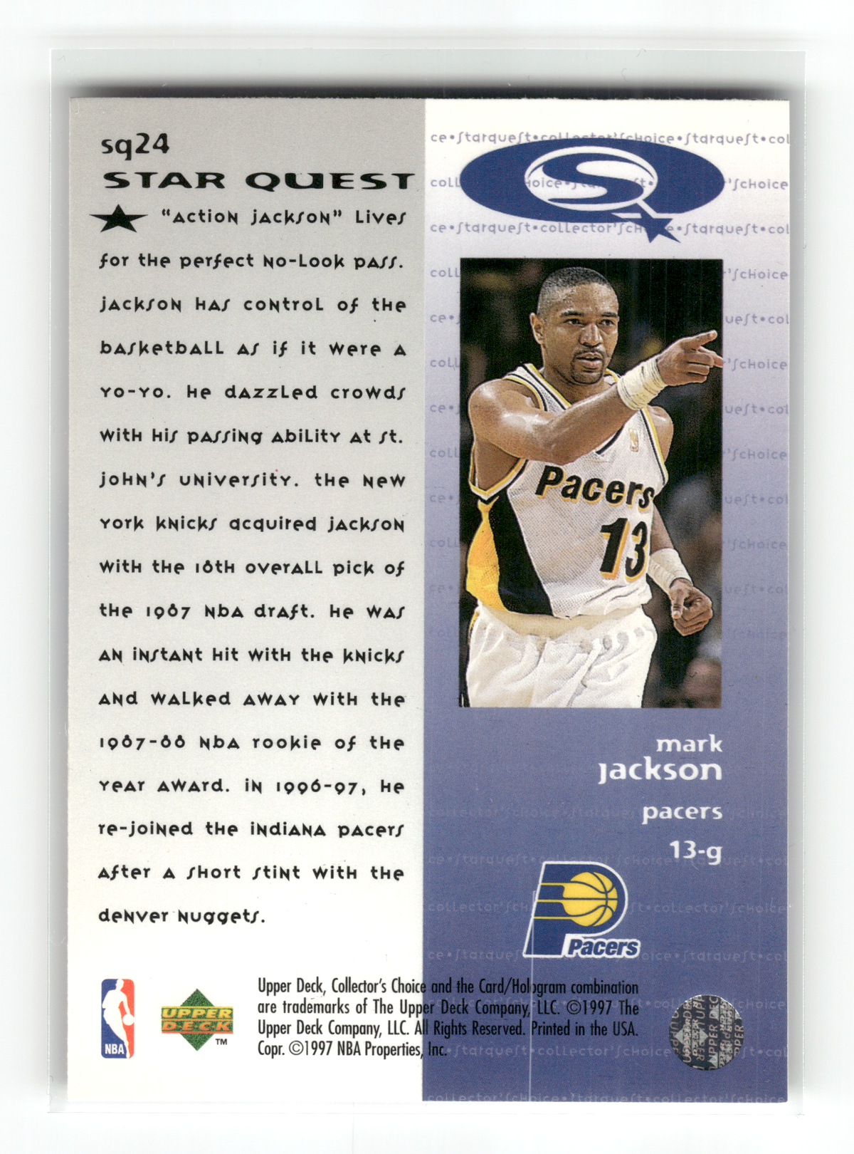 Basketball NBA Mark Jackson - 1997-98 Upper Deck Collector's Choice Star Quest - Indiana Pacers #SQ24 Trading Card Original