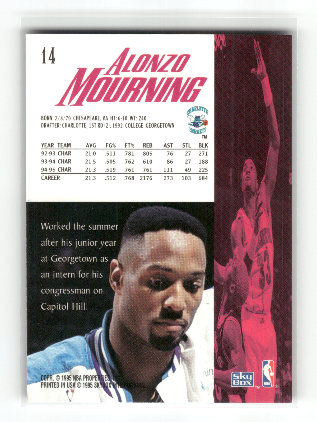 Basketball NBA Alonzo Mourning - 1995-96 SkyBox NBA - Charlotte Hornets #14 Trading Card Original