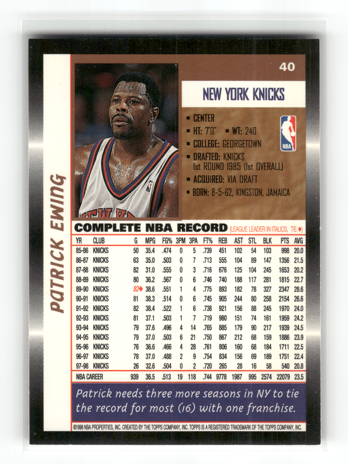 Basketball NBA Patrick Ewing - 1998-99 Topps - New York Knicks #40 Trading Card Original