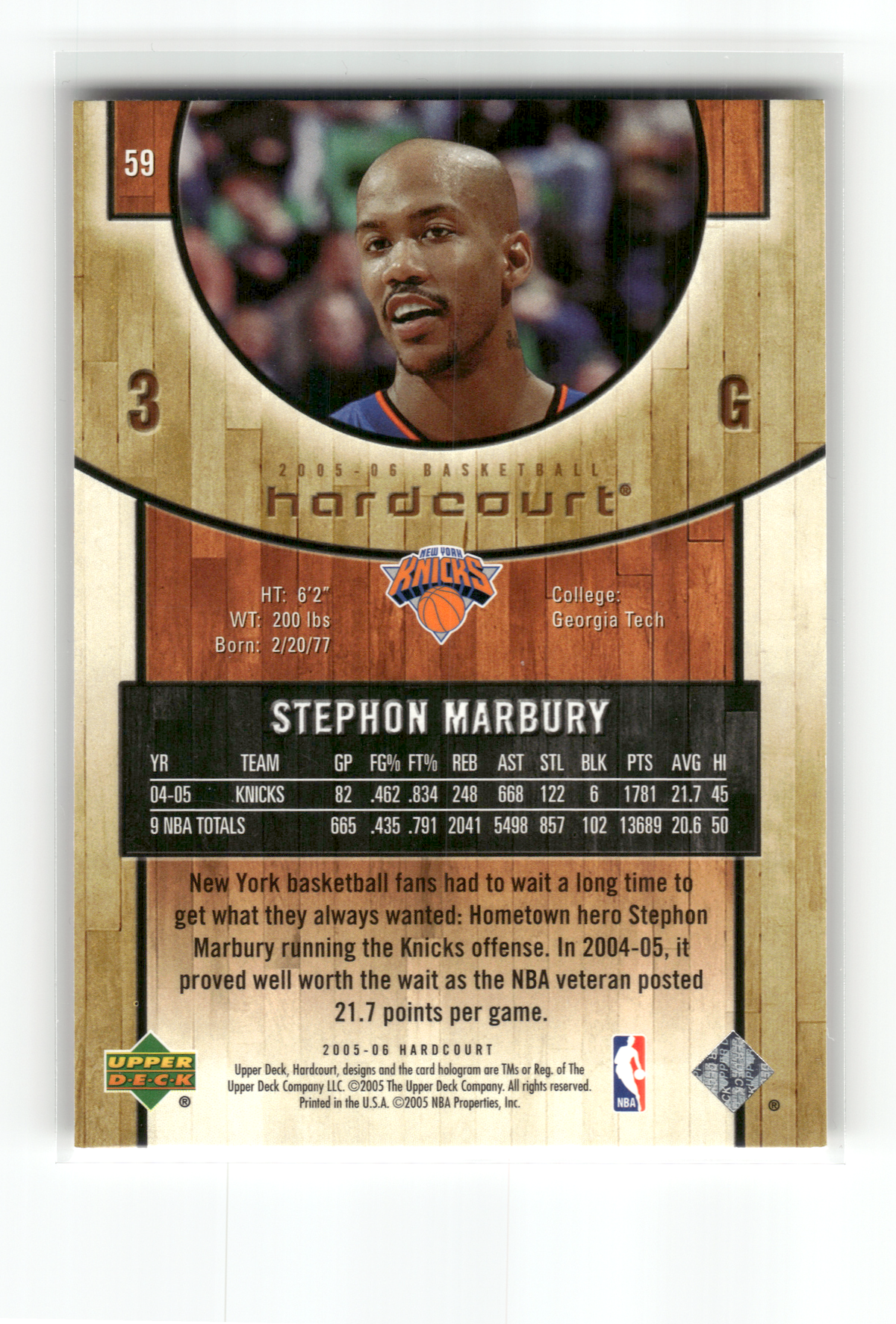 Basketball NBA Stephon Marbury - 2005-06 Upper Deck Hardcourt - New York Knicks #59 Trading Card Original
