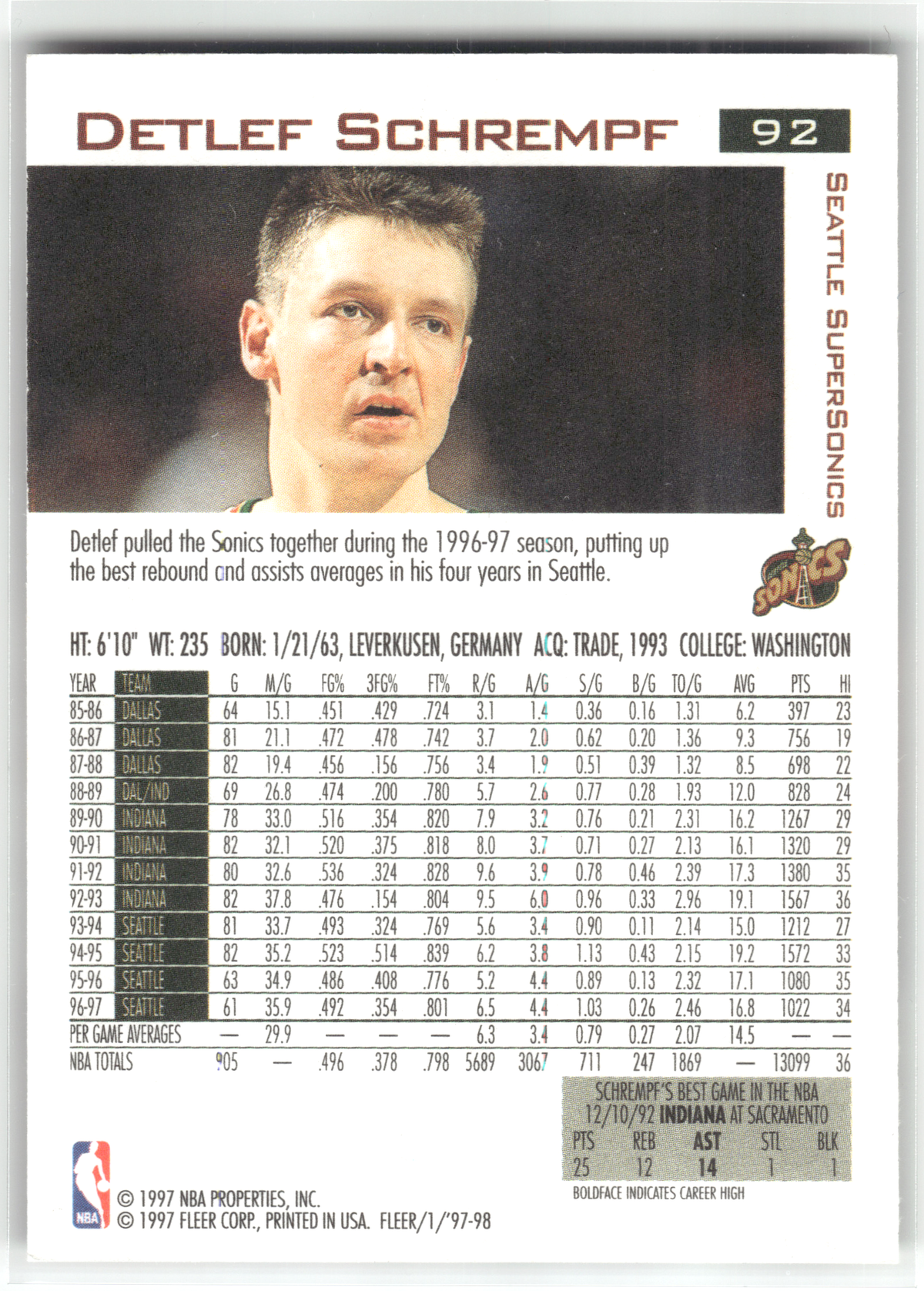 Basketball NBA Detlef Schrempf - 1997-98 Fleer - Seattle SuperSonics #92 Trading Card Original