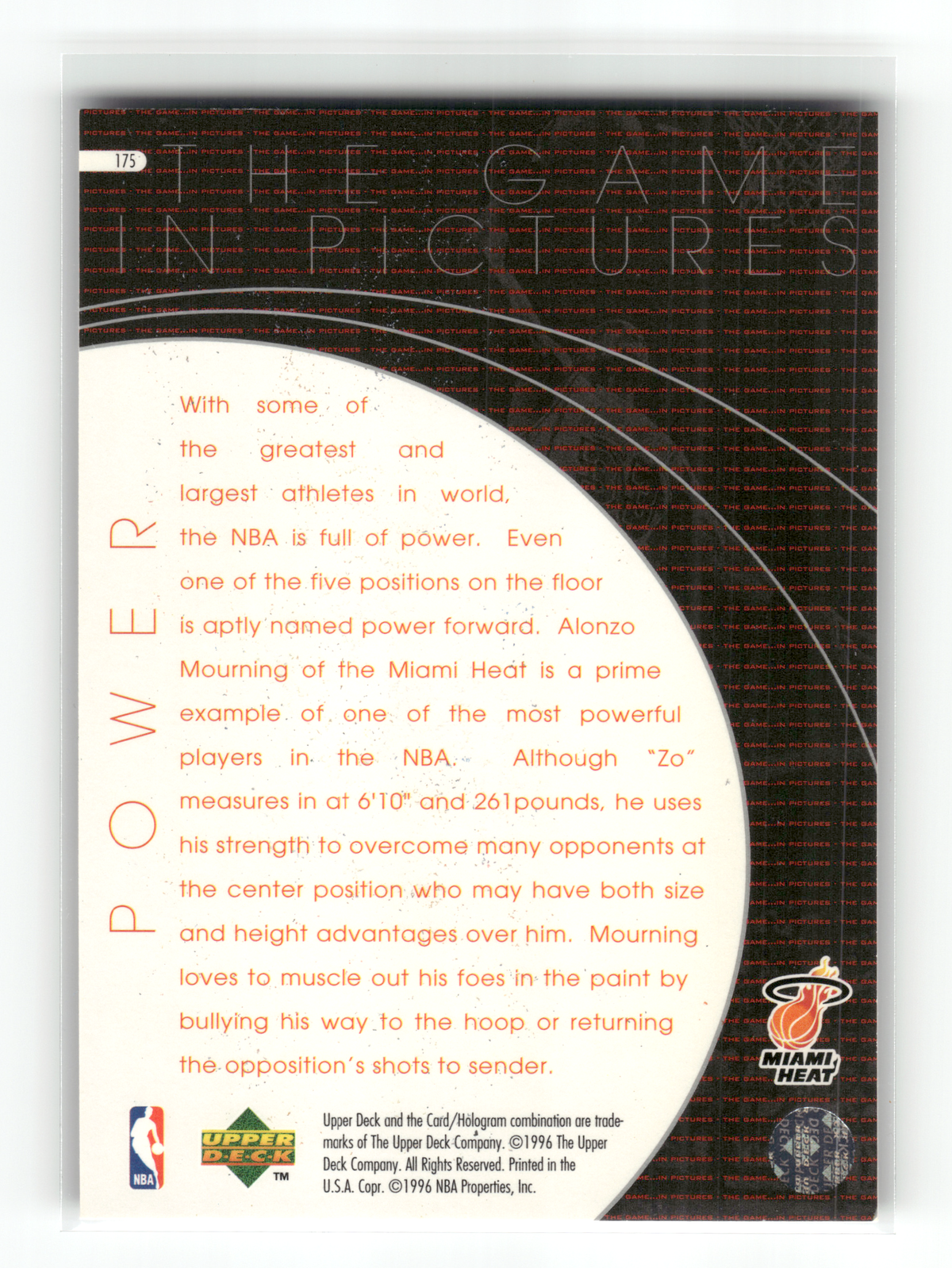 Basketball NBA Alonzo Mourning - 1996 Upper Deck The Game in Pictures - Miami Heat #175 Trading Card Original