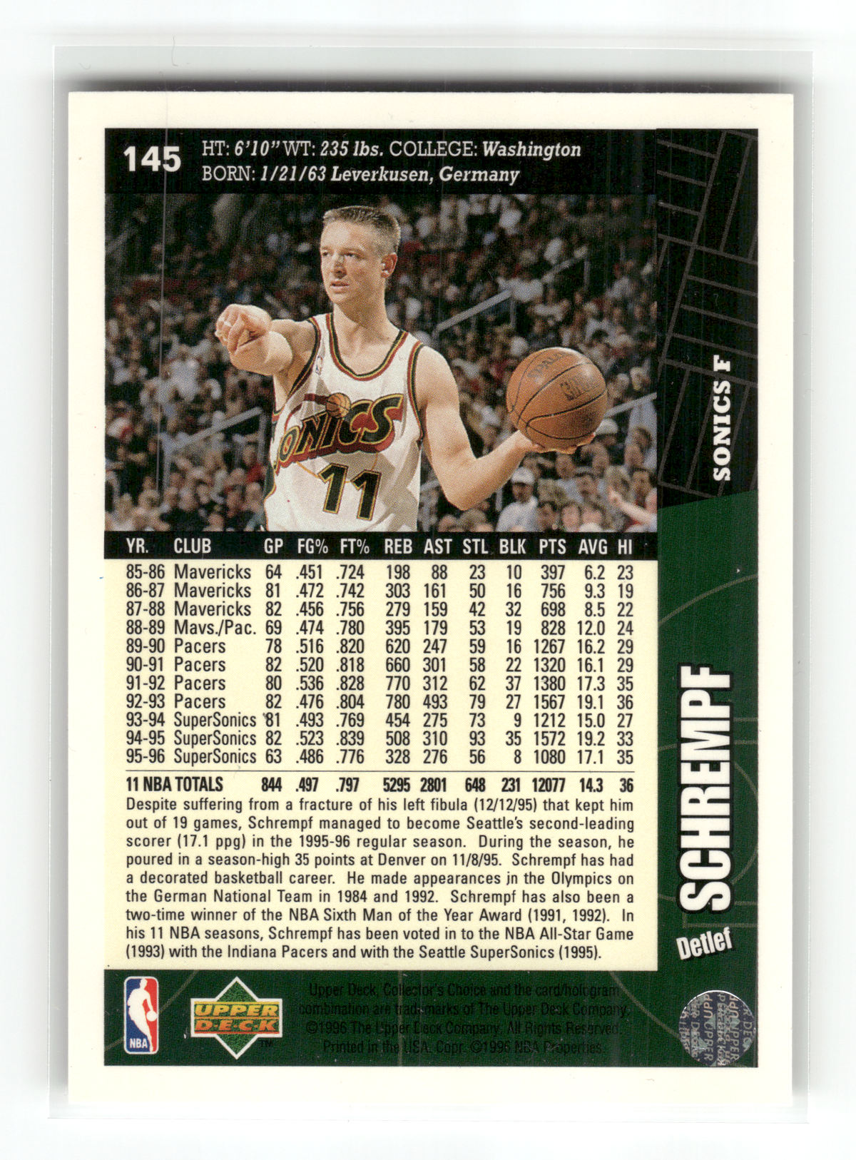 Basketball NBA Detlef Schrempf - 1996-97 Upper Deck Collector's Choice - Seattle SuperSonics #145 Trading Card Original