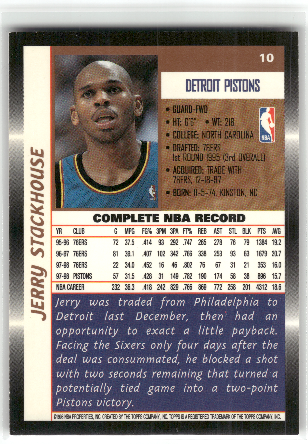 Basketball NBA Jerry Stackhouse - 1998-99 Topps - Detroit Pistons #10 Trading Card Original