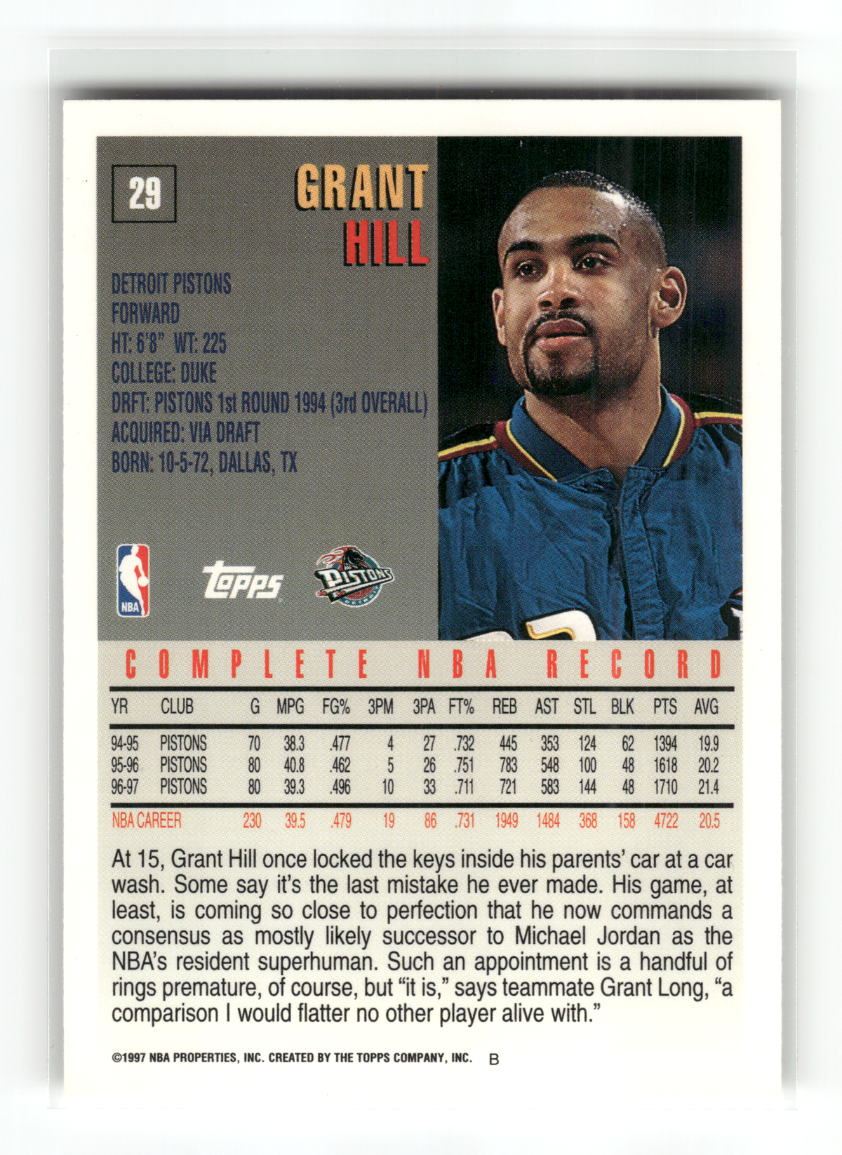 Basketball NBA Grant Hill - 1997 Topps NBA - Detroit Pistons #29 Trading Card Original