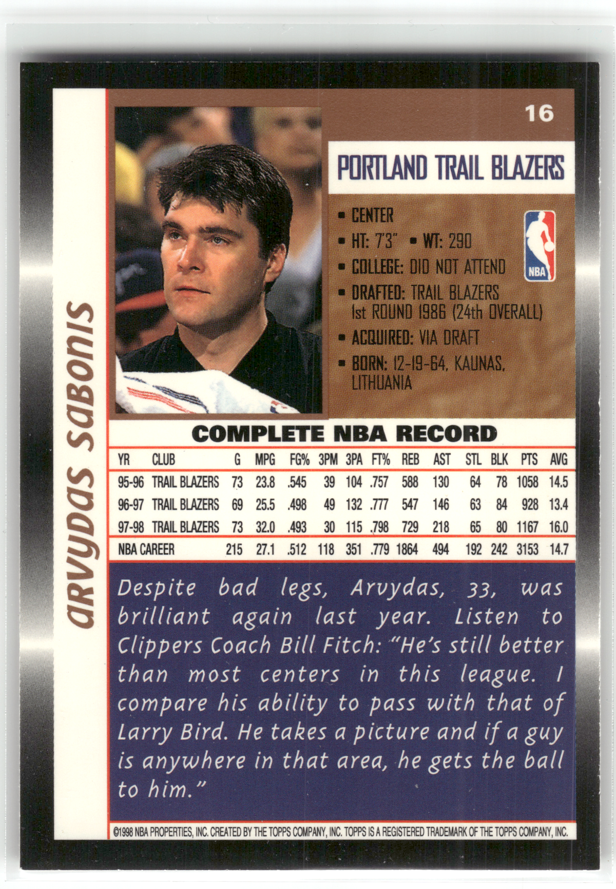 Basketball NBA Arvydas Sabonis - 1998 Topps - Portland Trail Blazers #16 Trading Card Original