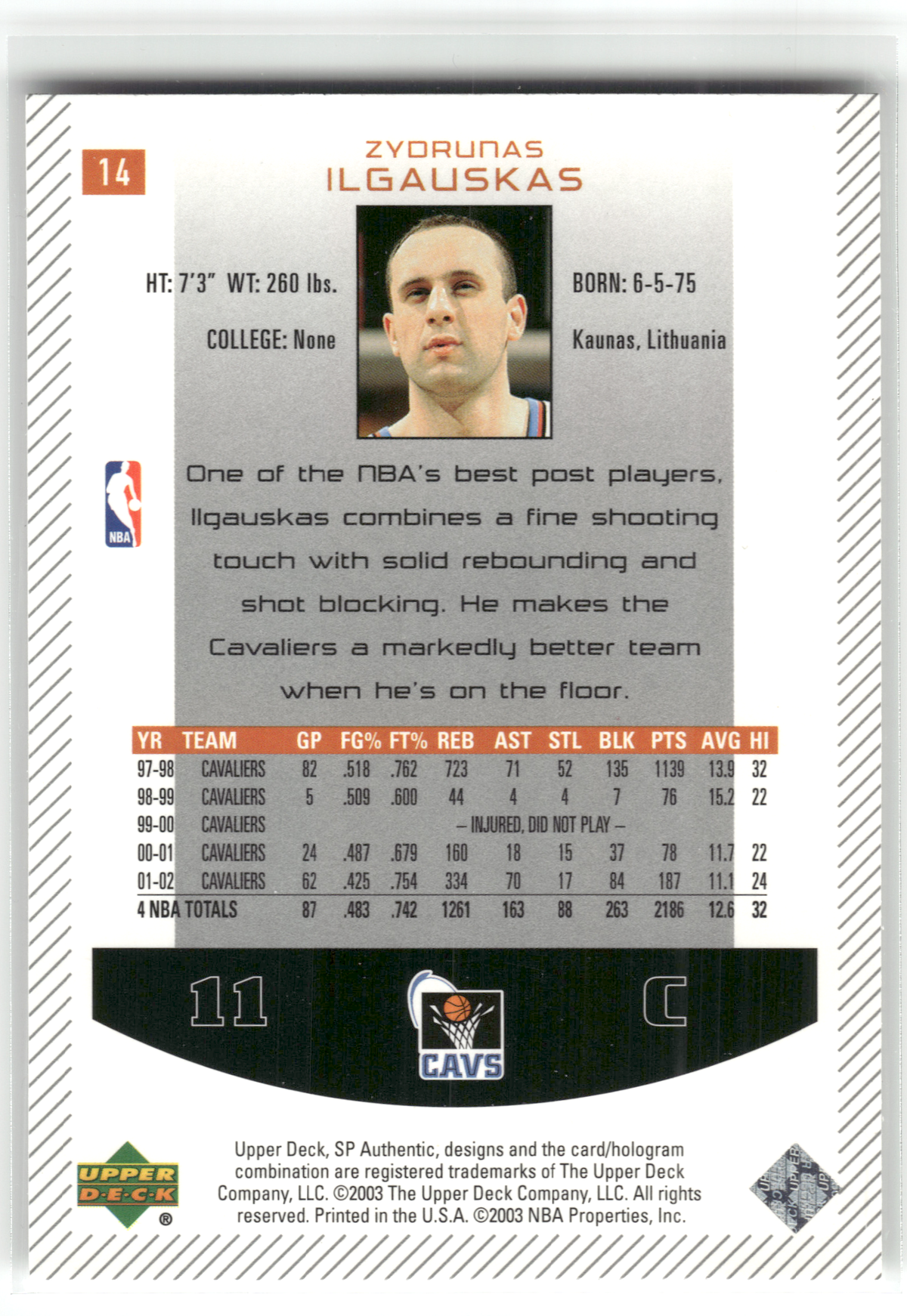 Basketball NBA Zyorunas Ilgauskas - 2002-03 SP Authentic - Cleveland Cavaliers #14 Trading Card Original