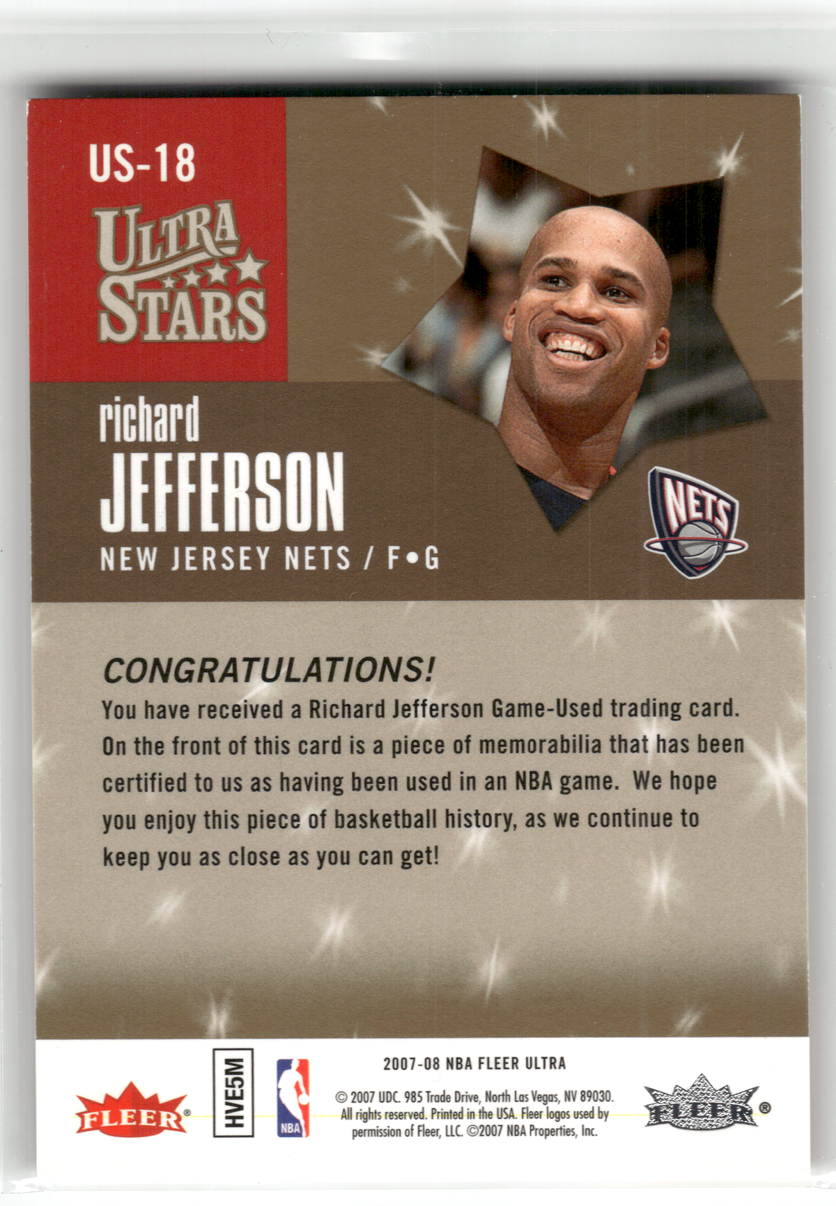Basketball NBA Richard Jefferson - 2007-08 NBA Fleer Ultra - Game-Used - New Jersey Nets #US-18 Trading Card Original