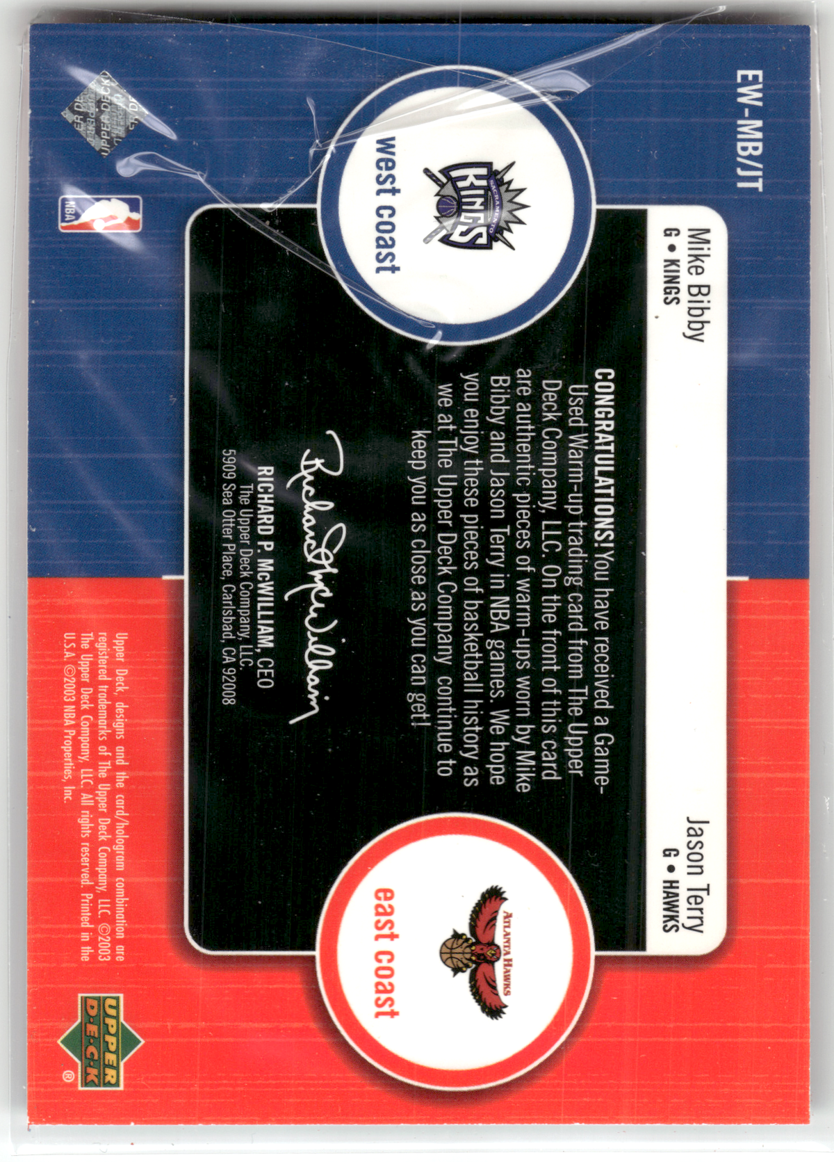 Basketball NBA Mike Bibby - 2003 Upper Deck East-West - Game Used Warm-Up Double Relic - Sacramento Kings / Atlanta Hawks #EW-MB/JT Trading Card Original