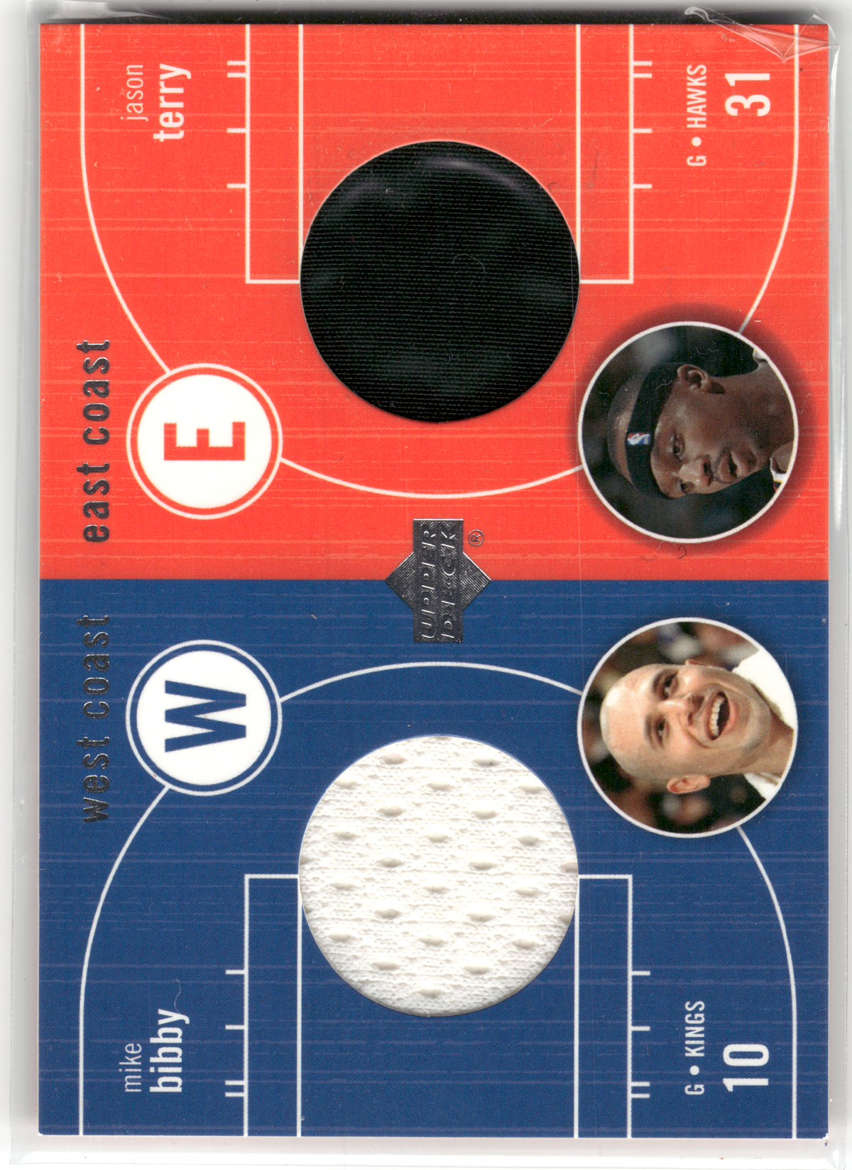 Basketball NBA Mike Bibby - 2003 Upper Deck East-West - Game Used Warm-Up Double Relic - Sacramento Kings / Atlanta Hawks #EW-MB/JT Trading Card Original
