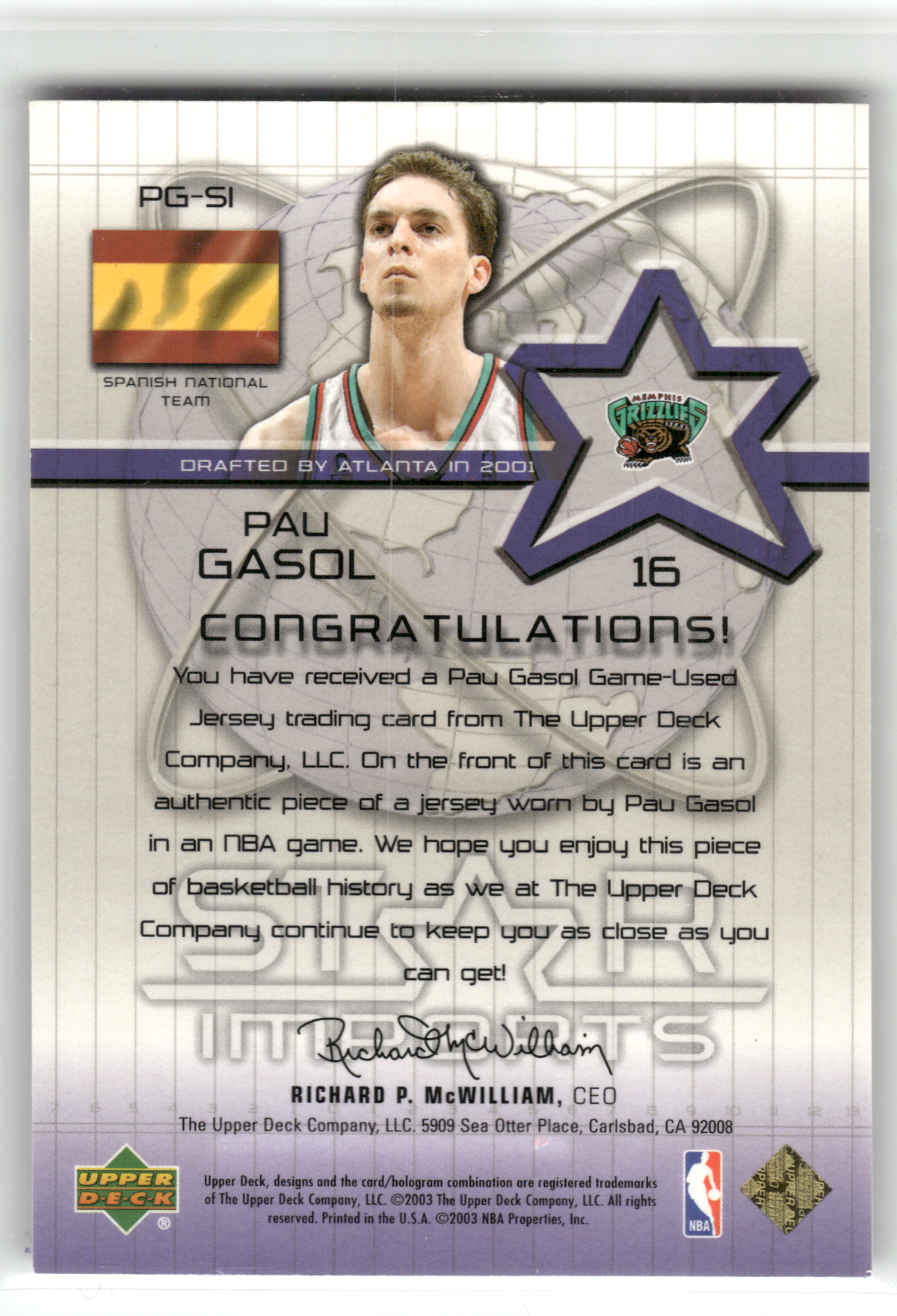 Basketball NBA Pau Gasol - 2002-03 Upper Deck Star Imports Jersey - Game-Used Relic - Memphis Grizzlies #PG-SI Trading Card Original