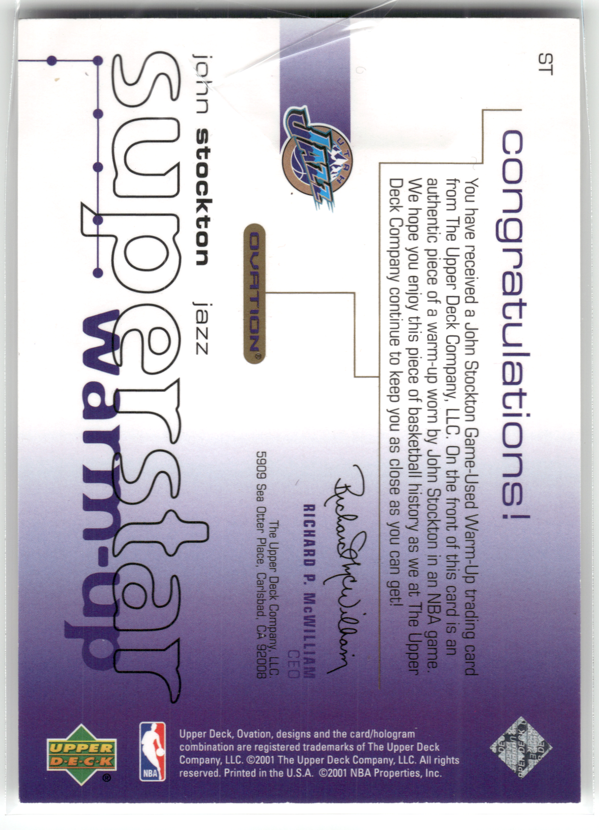 Basketball NBA John Stockton - 2001 Upper Deck Ovation Superstar Warm-Up - Game-Used Relic - Utah Jazz #ST Trading Card Original