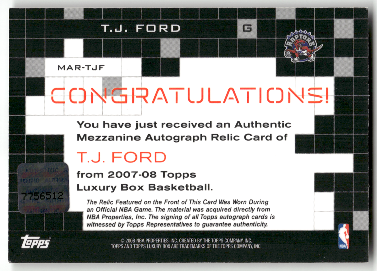 Basketball NBA T.J. Ford - 2007-08 Topps Luxury Box - Game-Worn Relic-Auto /99 - Toronto Raptors #MAR-TJF Trading Card Original
