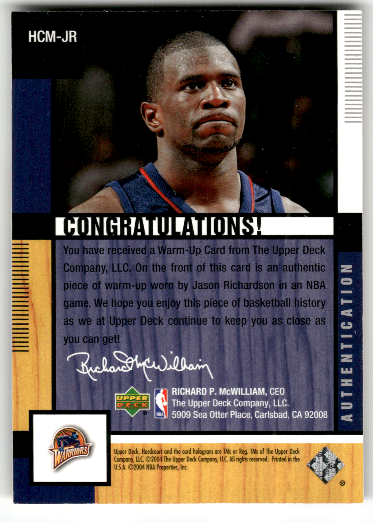 Basketball NBA Jason Richardson - 2004-05 Upper Deck Hardcourt - Warm-Up Worn Relic - Golden State Warriors #HCM-JR Trading Card Original
