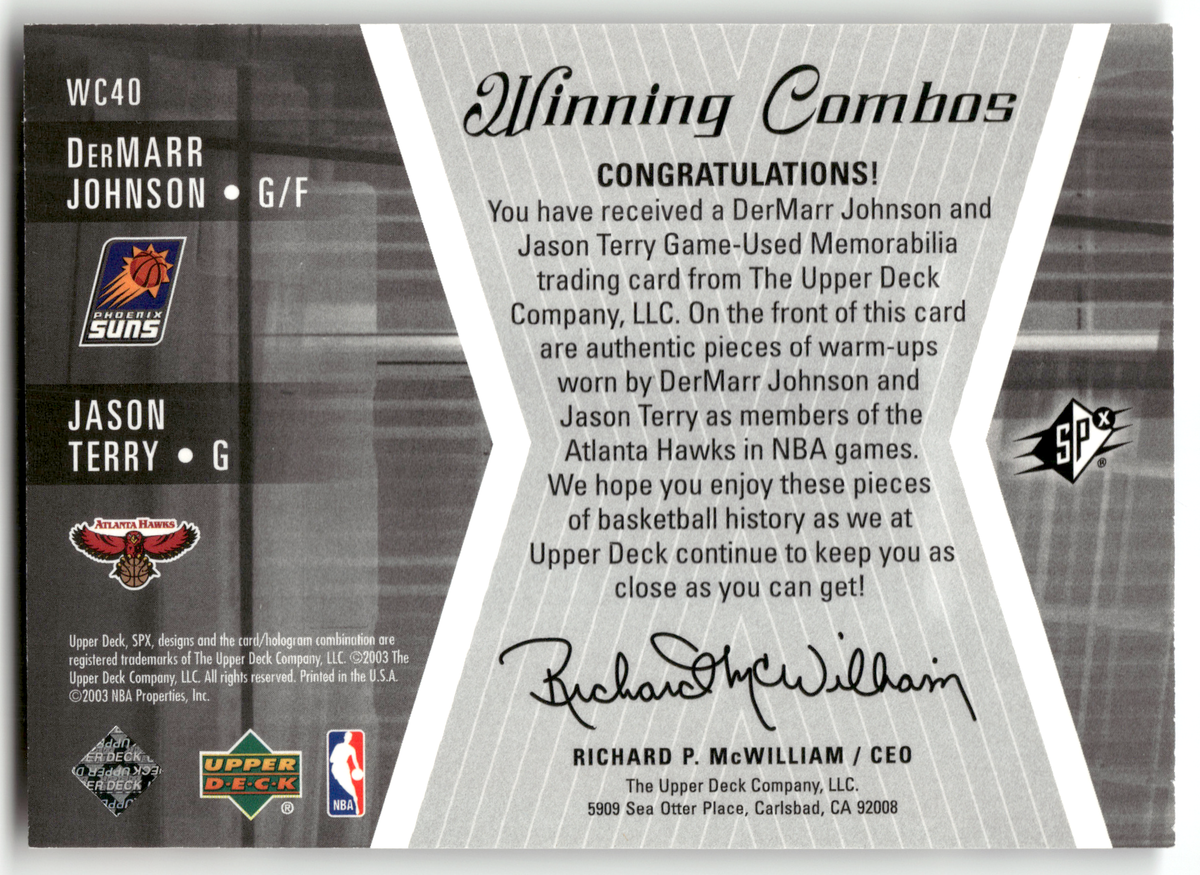 Basketball NBA DerMarr Johnson - 2003-04 SPx Winning Combos - Game-Used Double Relic - Phoenix Suns / Atlanta Hawks #WC40 Trading Card Original