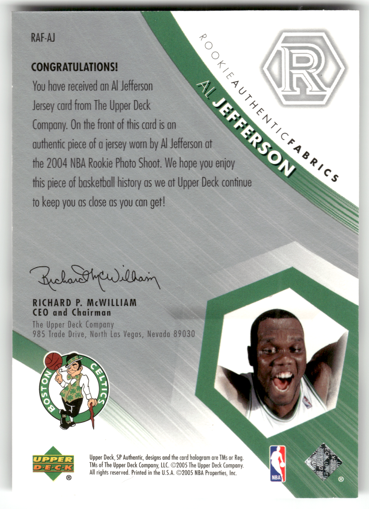 Basketball NBA Al Jefferson Rookie - 2004-05 SP Authentic - Rookie-Photo-Shoot Worn Relic - Boston Celtics #RAF-AJ Trading Card Original
