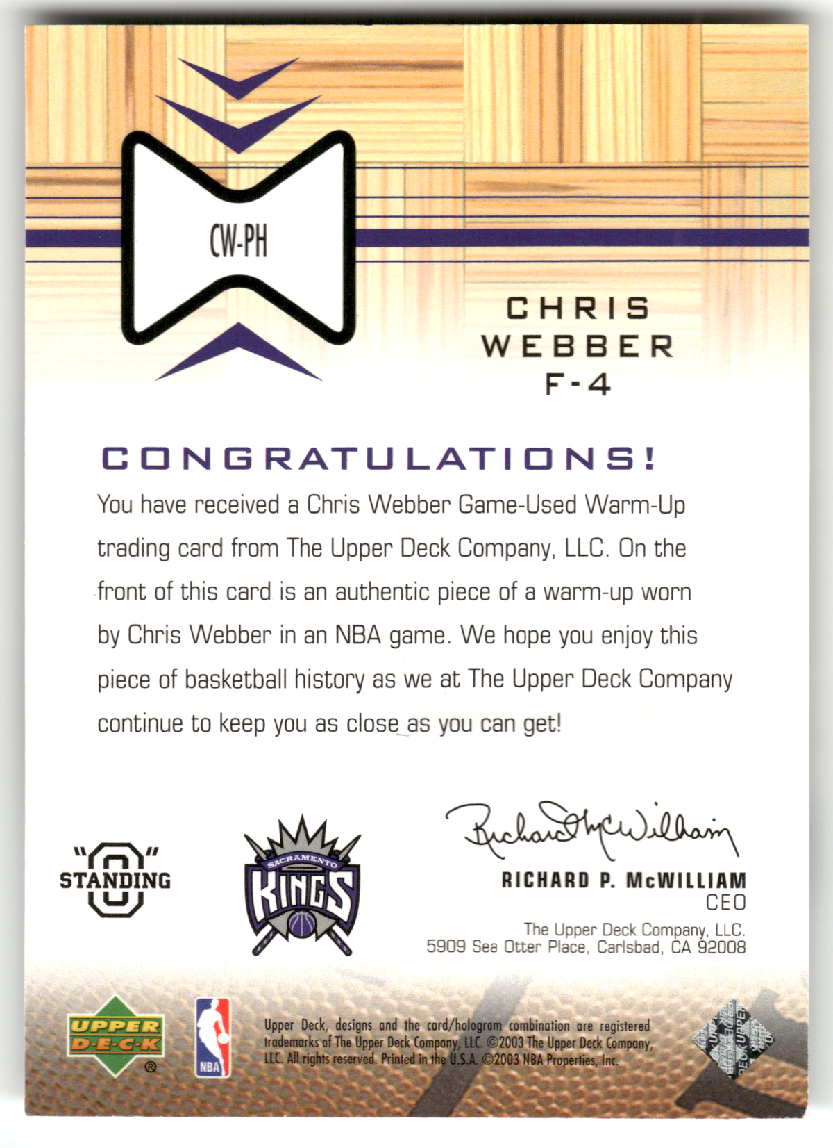 Basketball NBA Chris Webber - 2003 Upper Deck "O" Standing - Game-Used Relic - Sacramento Kings #CW-PH Trading Card Original