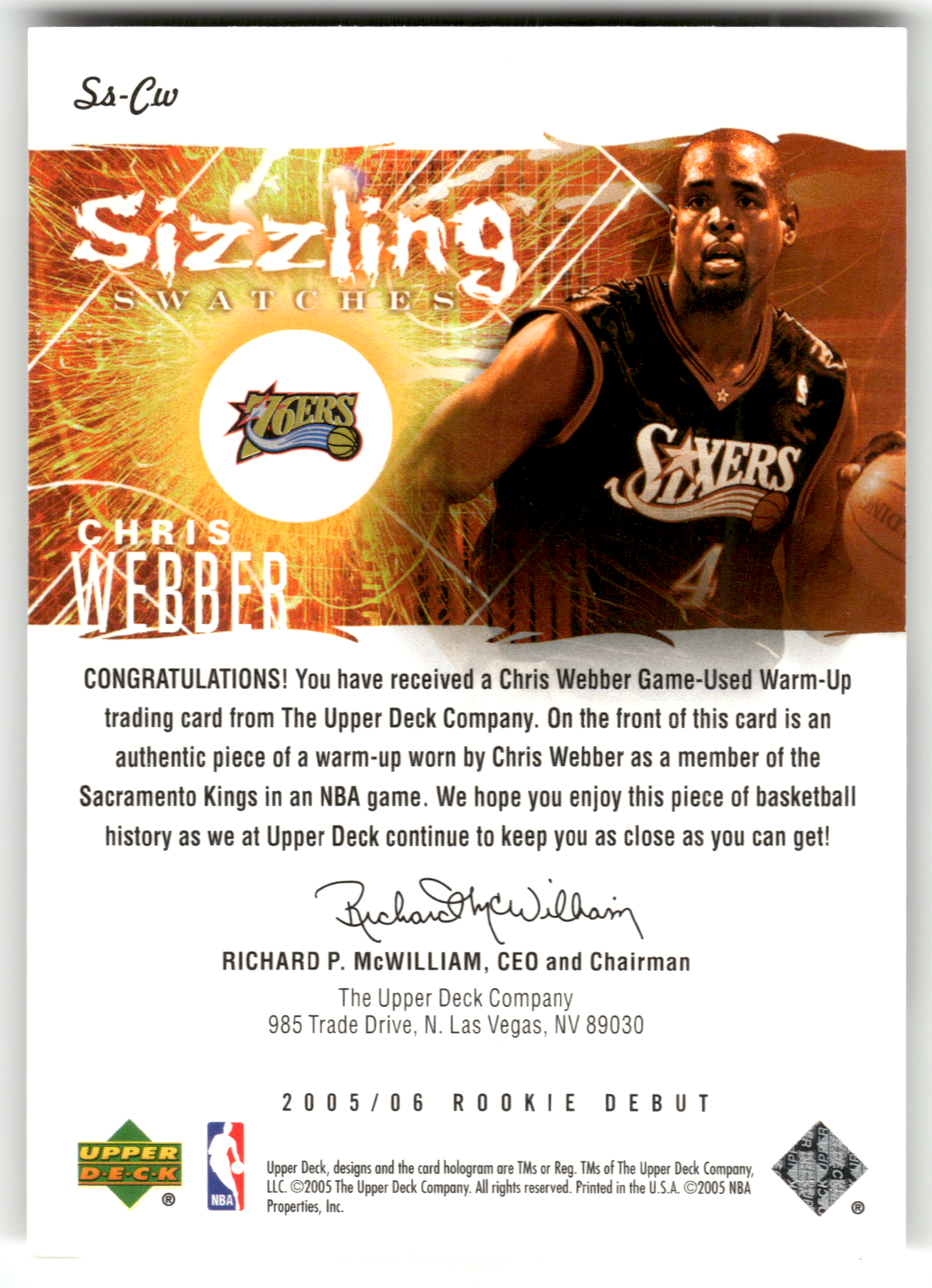 Basketball NBA Chris Webber - 2005-06 Upper Deck Rookie Debut - Game-Used Warm-Up Relic - Philadelphia 76ers #Ss-CW Trading Card Original