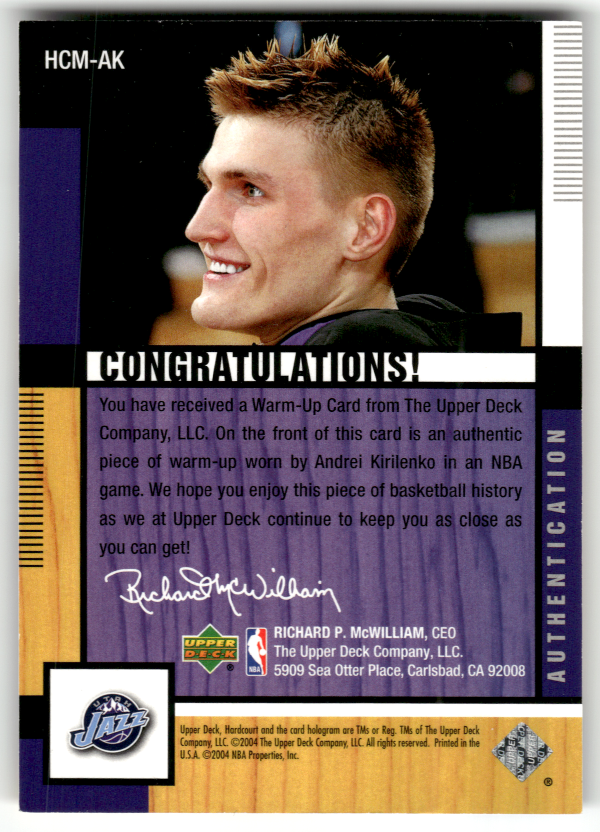 Basketball NBA Andrei Kirilenko - 2004-05 Upper Deck Hardcourt - Game-Used Warm Up Relic - Utah Jazz #HCM-AK Trading Card Original