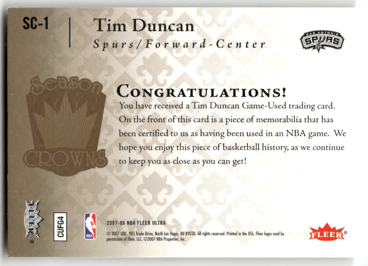 Basketball NBA Tim Duncan - 2007-08 NBA Fleer Ultra Season Crowns - Game-Used Relic - San Antonio Spurs #SC-1 Trading Card Original