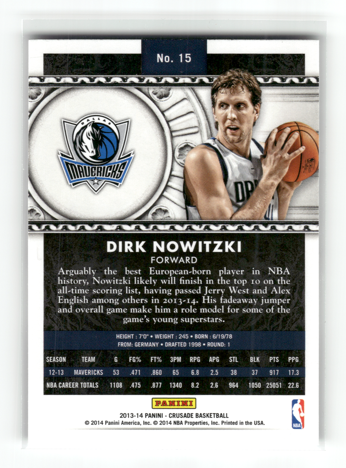 Basketball NBA Dirk Nowitzki - 2013-14 Panini Crusade Basketball - Dallas Mavericks #15 Trading Card Original