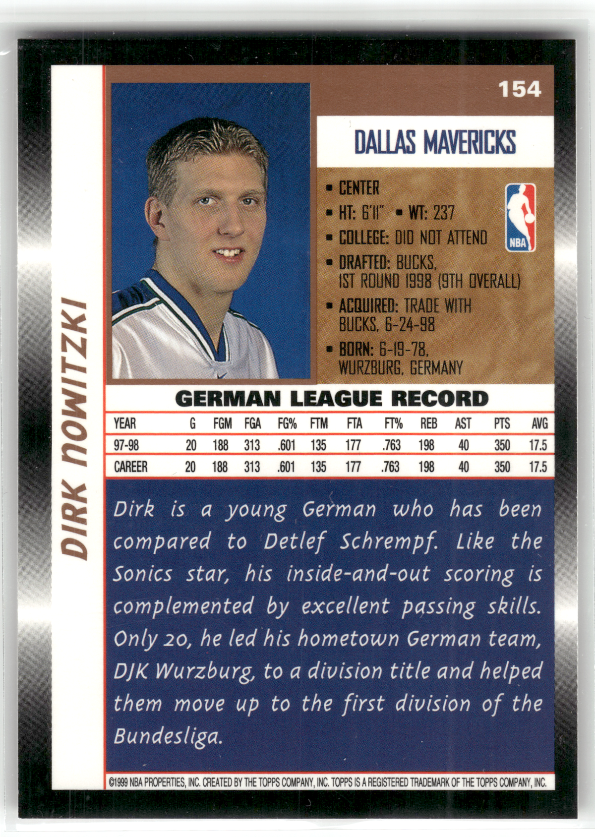 Basketball NBA Dirk Nowitzki Rookie - 1998-99 Topps - Rookie Card - Dallas Mavericks #154 Trading Card Original