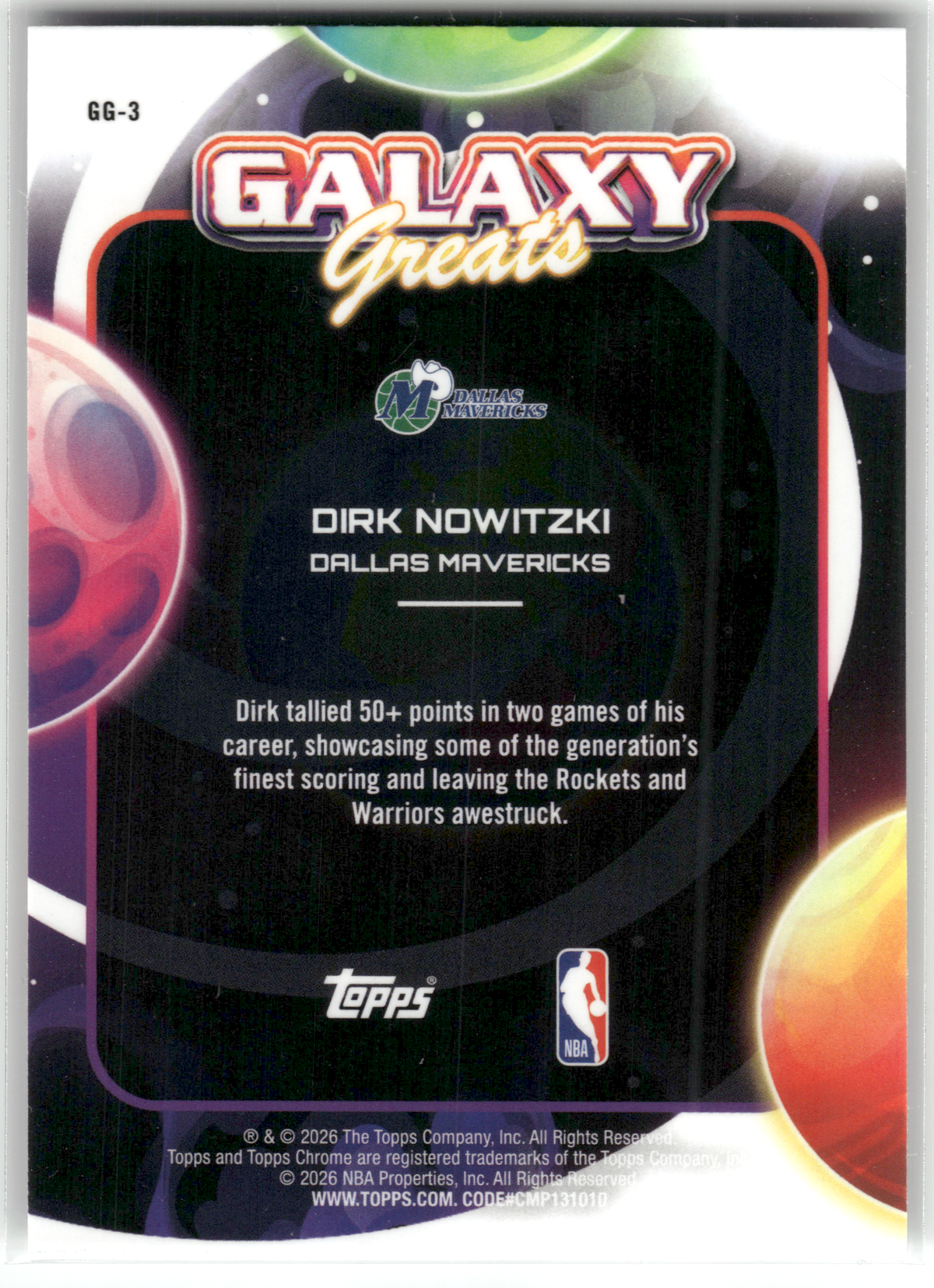 Basketball NBA Dirk Nowitzki - 2026 Topps Chrome Galaxy Greats - Dallas Mavericks #GG-3 Trading Card Original