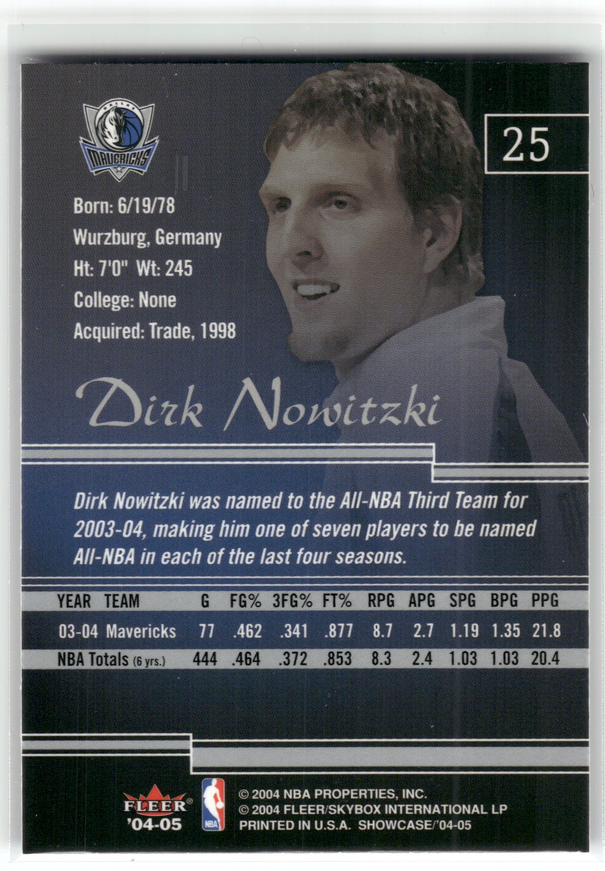 Basketball NBA Dirk Nowitzki - 2004-05 Fleer Showcase - Dallas Mavericks #25 Trading Card Original
