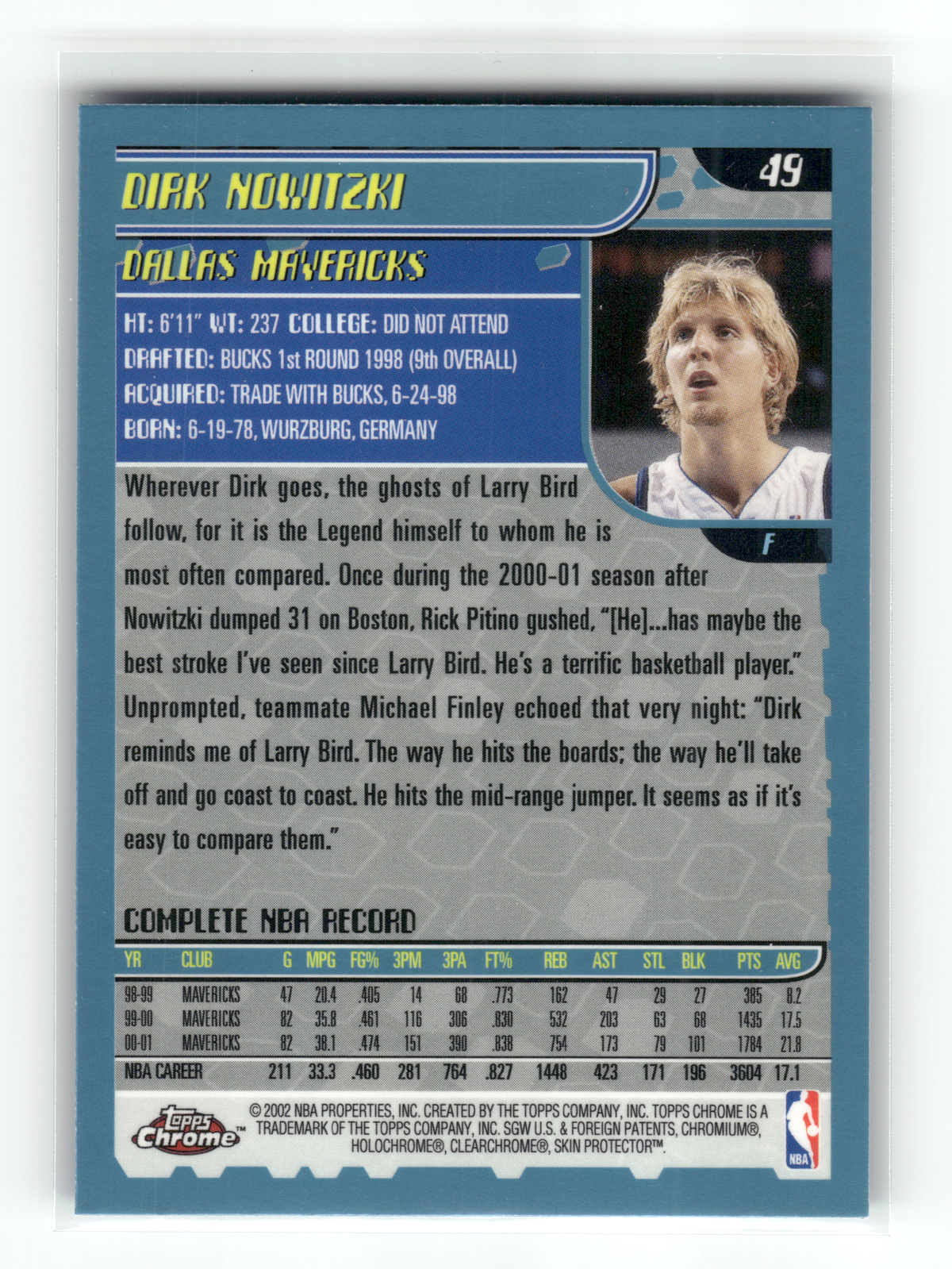 Basketball NBA Dirk Nowitzki - 2001-02 Topps Chrome - Blue Chrome - Dallas Mavericks #49 Trading Card Original