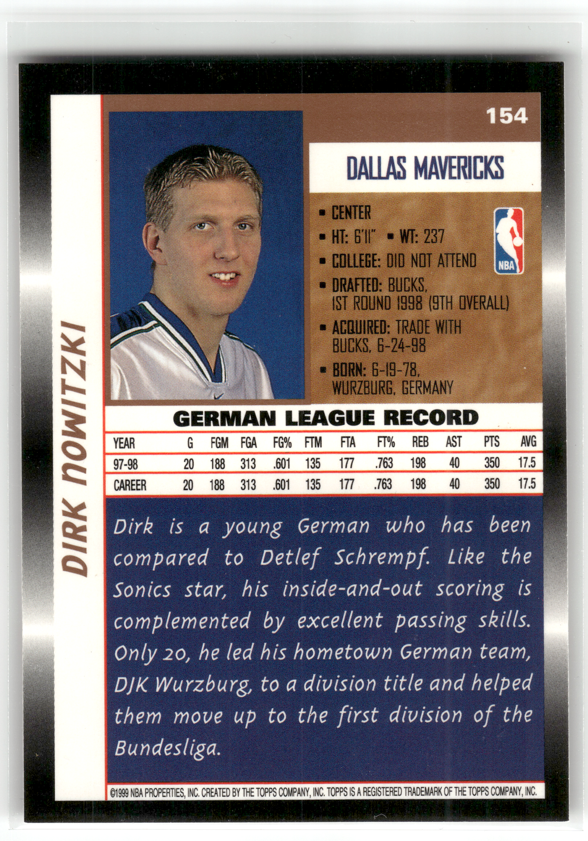 Basketball NBA Dirk Nowitzki Rookie - 1998-99 Topps - Rookie Card - Dallas Mavericks #154 Trading Card Original