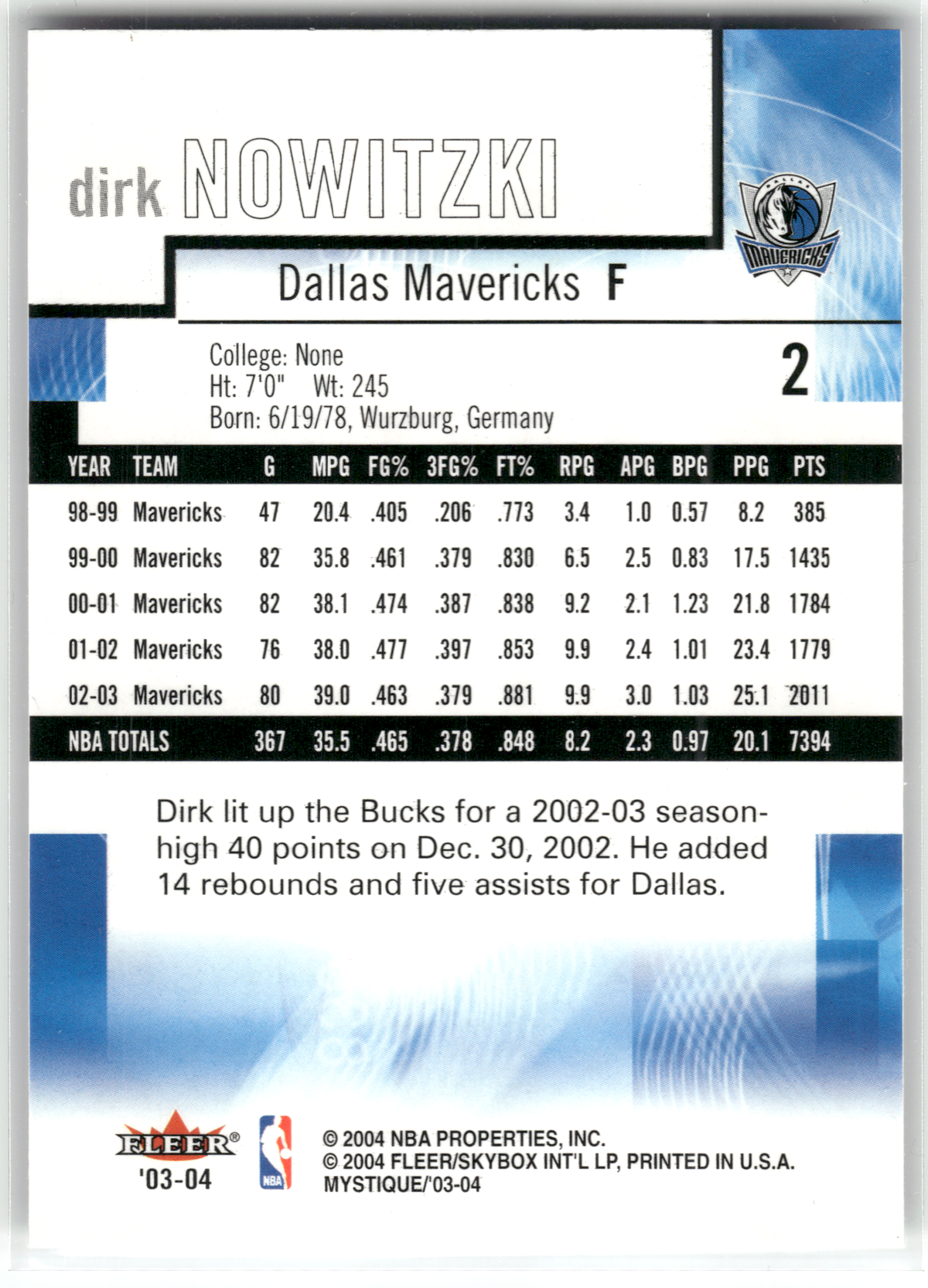 Basketball NBA Dirk Nowitzki - 2003-04 Fleer Mystique - Dallas Mavericks #2 Trading Card Original
