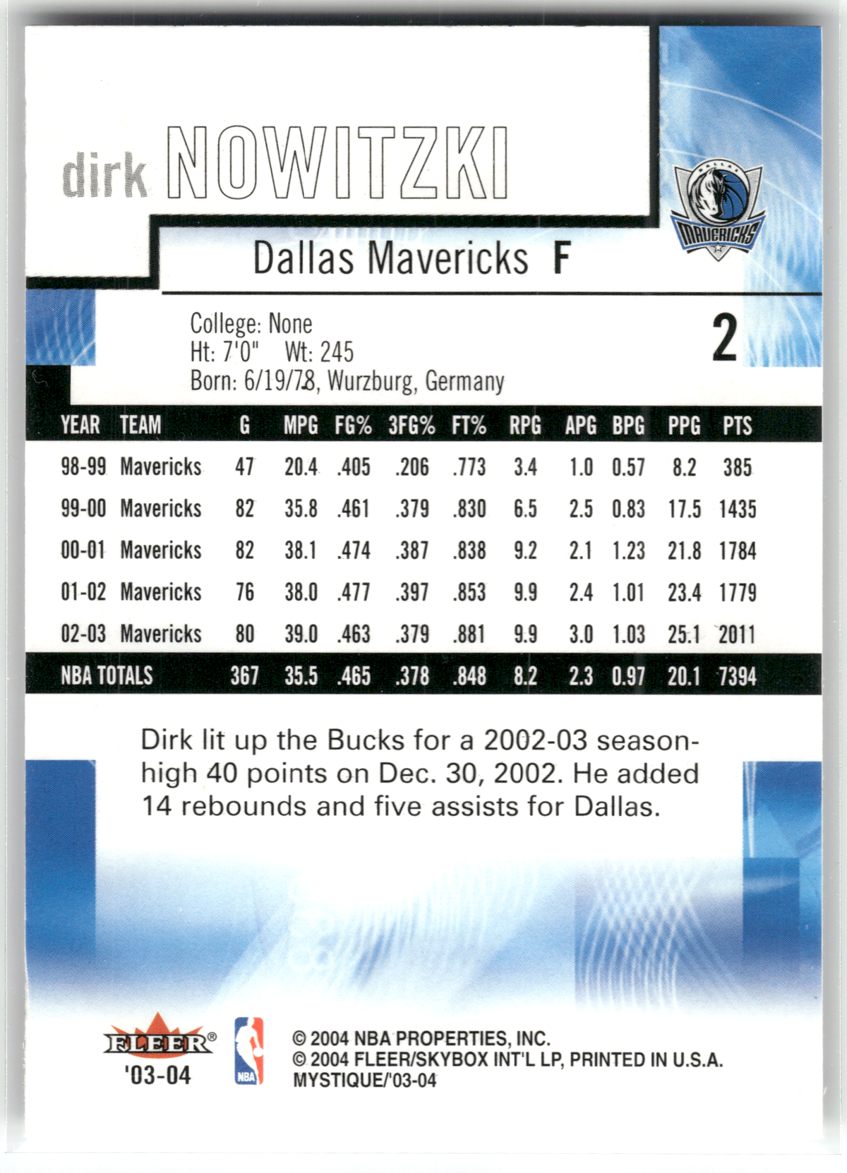 Basketball NBA Dirk Nowitzki - 2003-04 Fleer Mystique - Dallas Mavericks #2 Trading Card Original