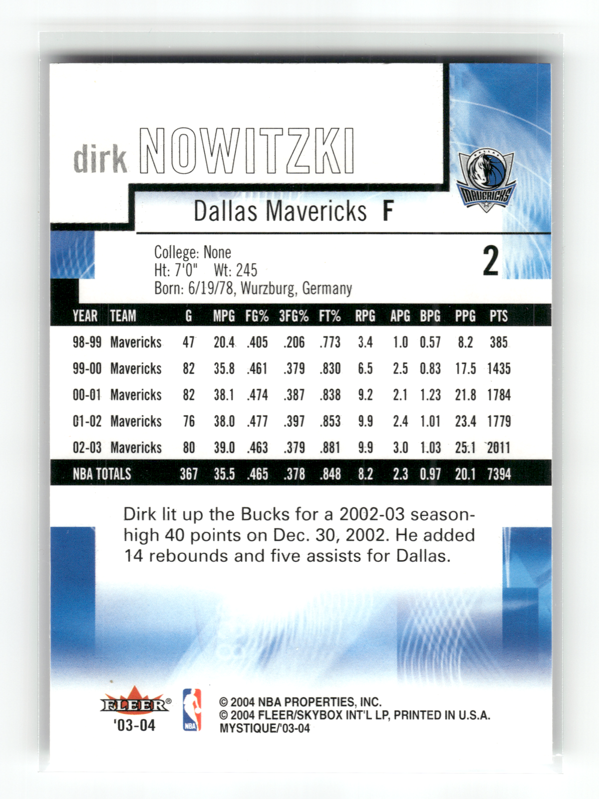 Basketball NBA Dirk Nowitzki - 2003-04 Fleer Mystique - Dallas Mavericks #2 Trading Card Original