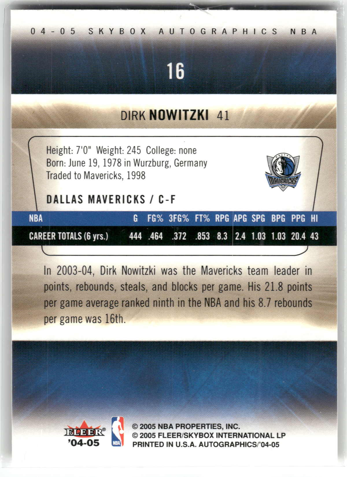 Basketball NBA Dirk Nowitzki - 2004-05 Skybox Autographics - Facsimile Printed Auto - Dallas Mavericks #16 Trading Card Original