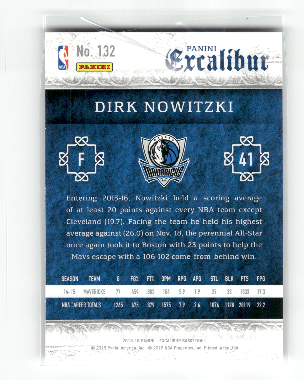 Basketball NBA Dirk Nowitzki - 2015-16 Panini Excalibur Basketball - Dallas Mavericks #132 Trading Card Original