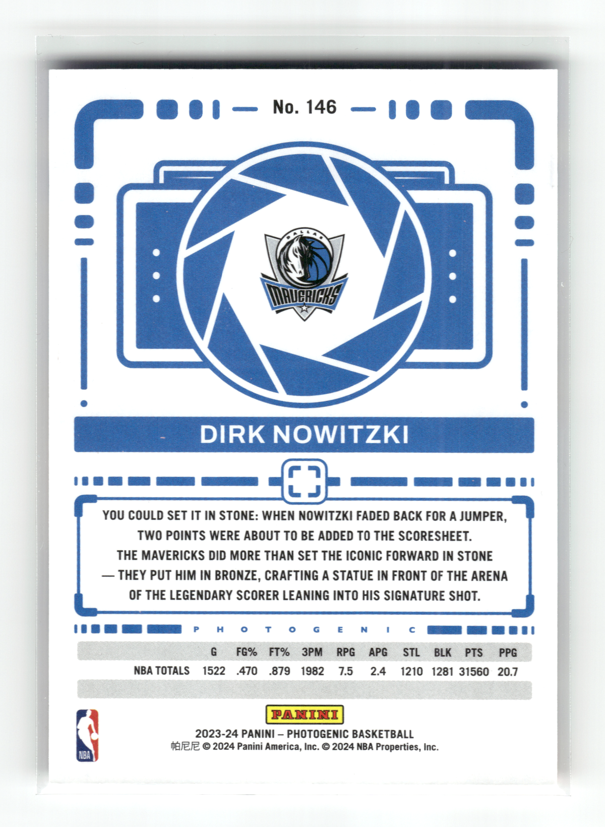 Basketball NBA Dirk Nowitzki - 2023-24 Panini Photogenic Basketball - Dallas Mavericks #146 Trading Card Original